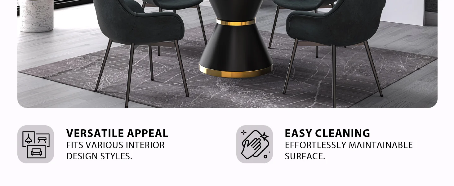 Qorvus Series Round Dining Table Black\Gold Base with 60 Round Light Grey Sintered Stone Top