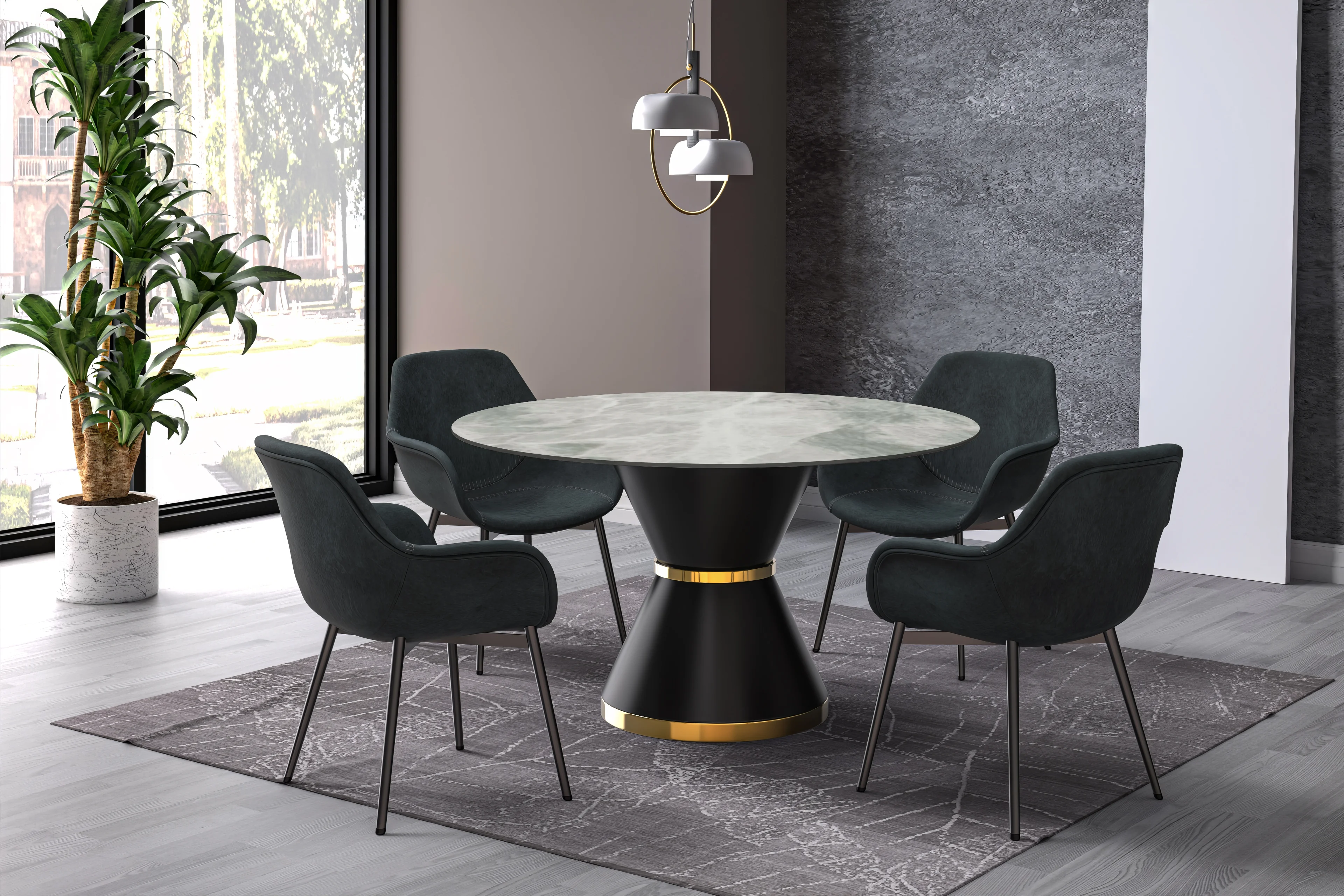Qorvus Series Round Dining Table Black\Gold Base with 60 Round Light Grey Sintered Stone Top