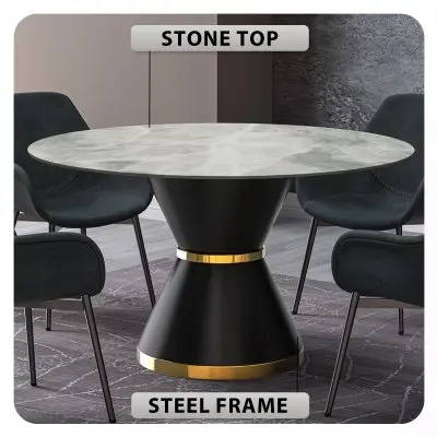 Qorvus Series Round Dining Table Black\Gold Base with 60 Round Light Grey Sintered Stone Top