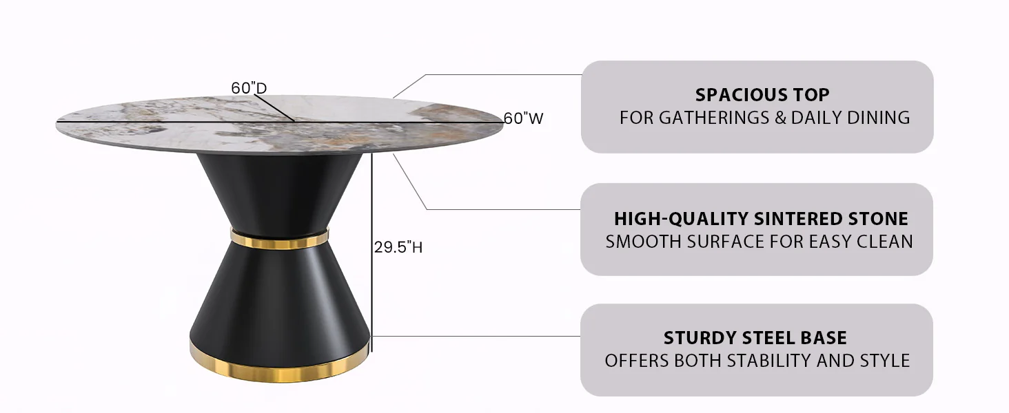 Qorvus Series Round Dining Table Black\Gold Base with 60 Round Medium Grey Sintered Stone Top