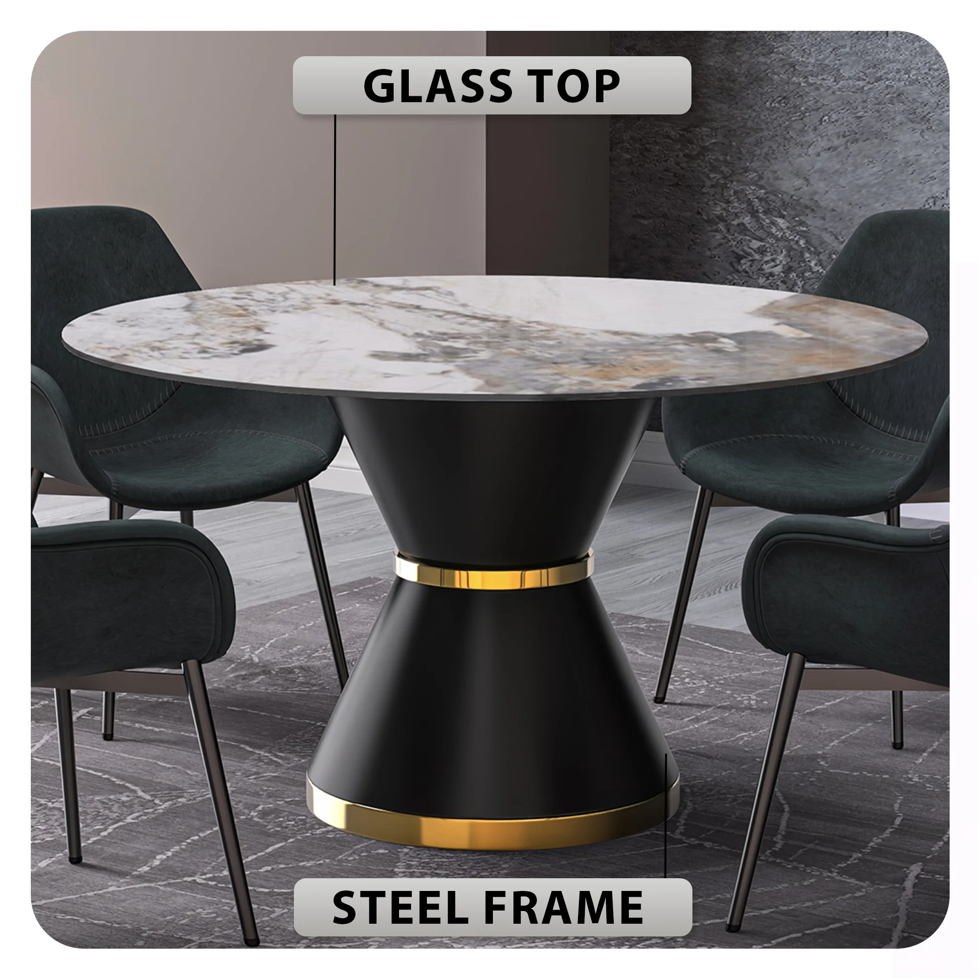 Qorvus Series Round Dining Table Black\Gold Base with 60 Round Medium Grey Sintered Stone Top