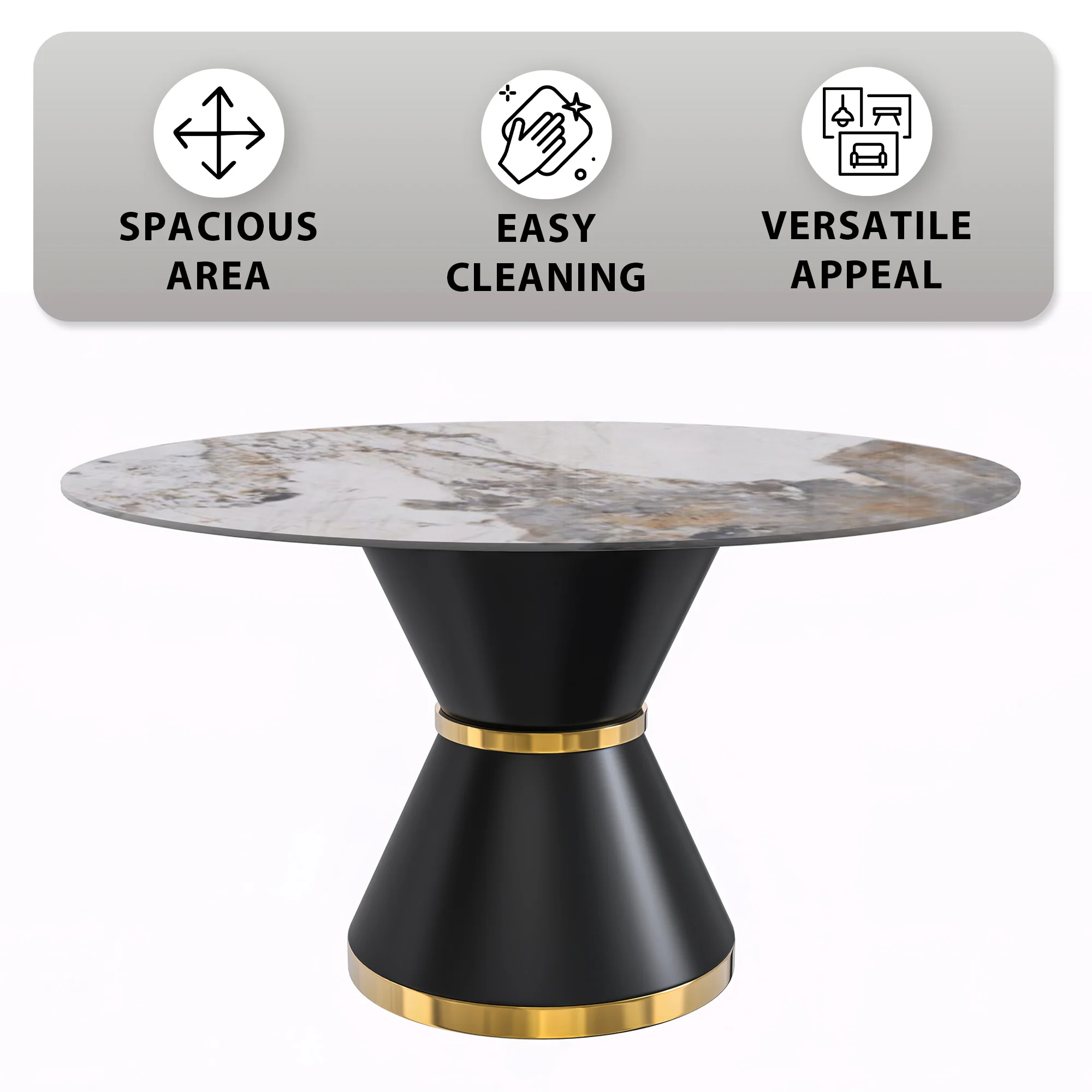 Qorvus Series Round Dining Table Black\Gold Base with 60 Round Medium Grey Sintered Stone Top