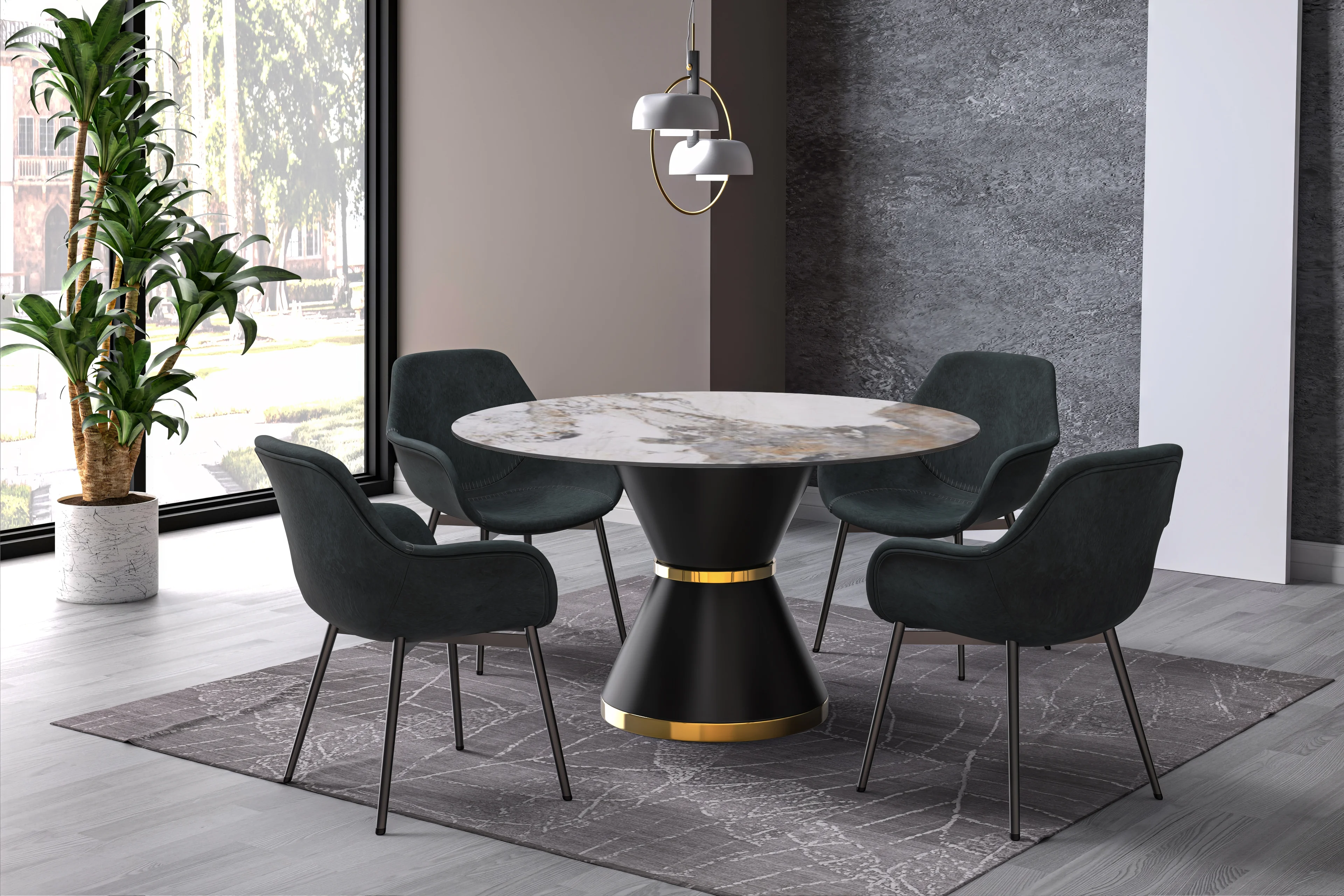 Qorvus Series Round Dining Table Black\Gold Base with 60 Round Medium Grey Sintered Stone Top