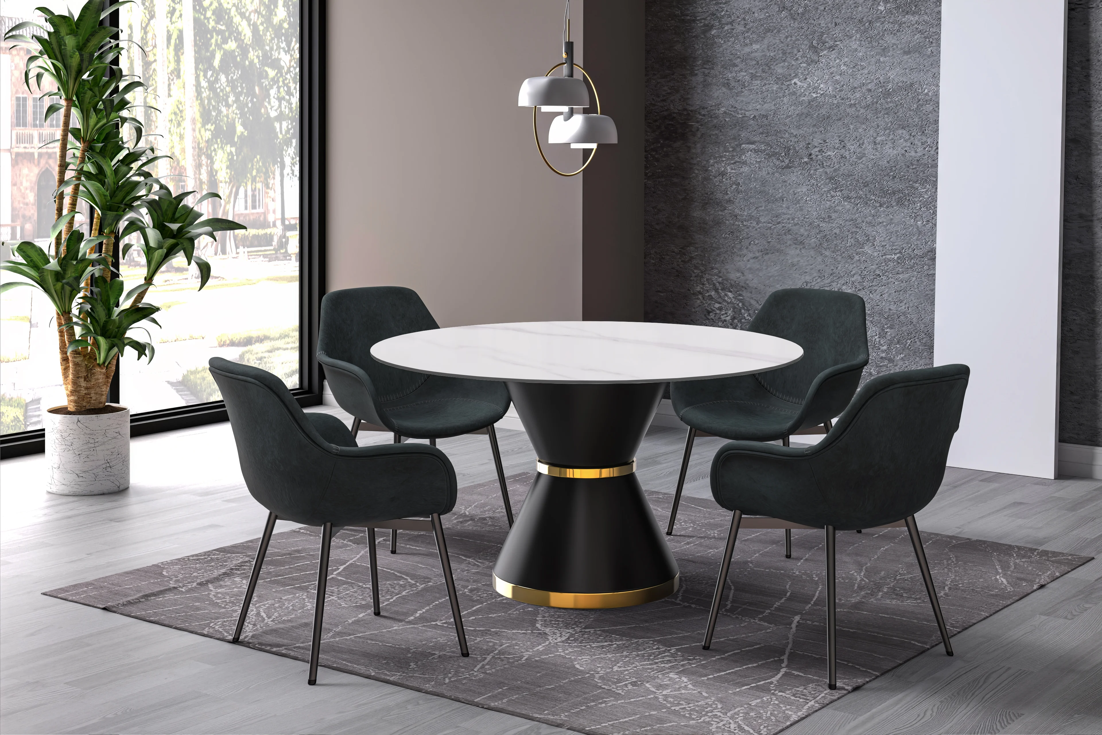 Qorvus Series Round Dining Table Black\Gold Base with 60 Round Solid White Sintered Stone Top