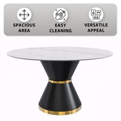 Qorvus Series Round Dining Table Black\Gold Base with 60 Round Solid White Sintered Stone Top