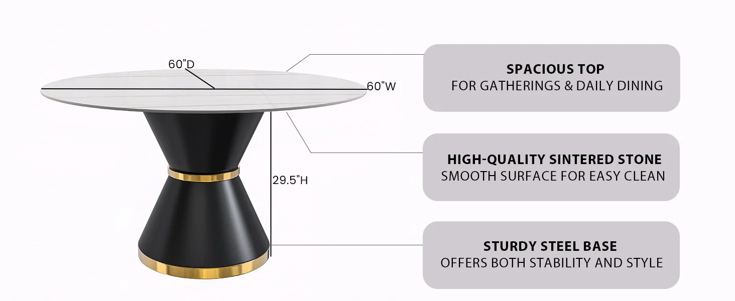 Qorvus Series Round Dining Table Black\Gold Base with 60 Round White/Gold Sintered Stone Top