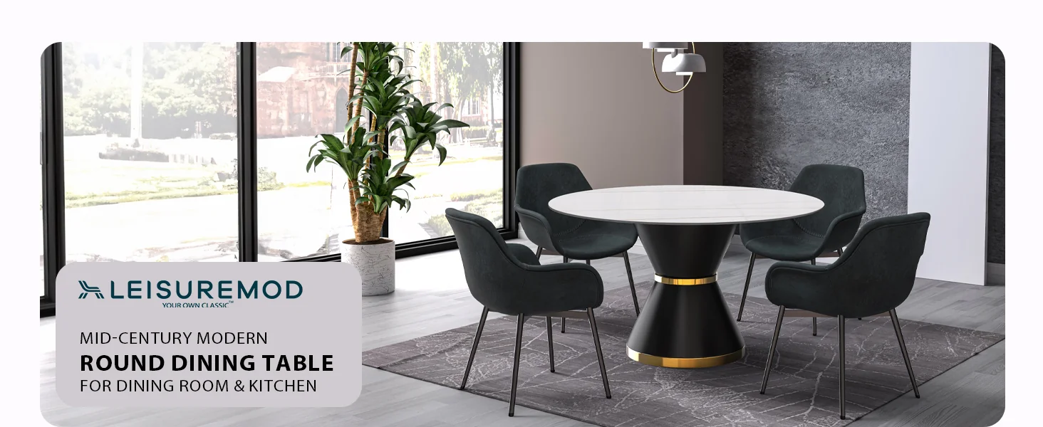 Qorvus Series Round Dining Table Black\Gold Base with 60 Round White/Gold Sintered Stone Top
