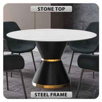 Qorvus Series Round Dining Table Black\Gold Base with 60 Round White/Gold Sintered Stone Top