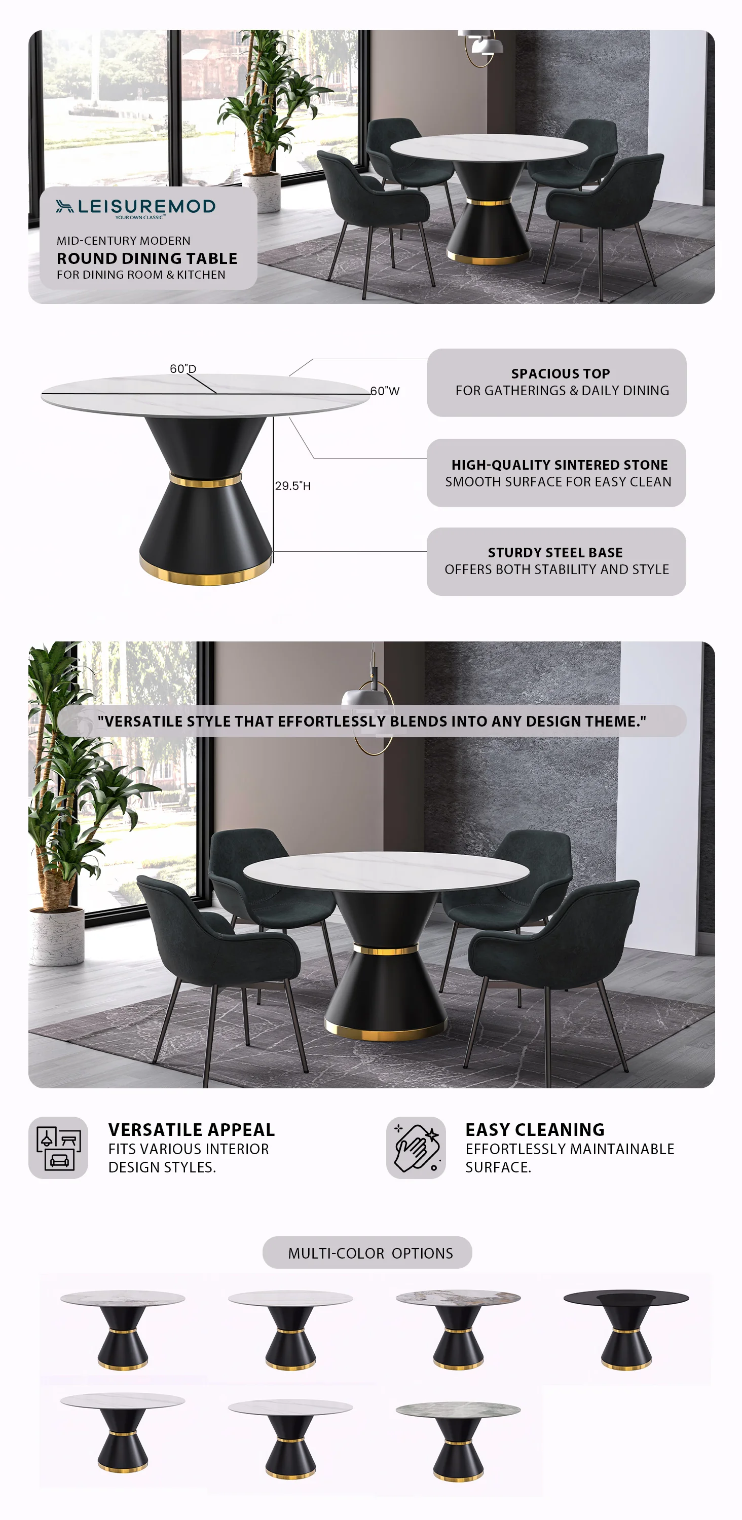 Qorvus Series Round Dining Table Black\Gold Base with 60 Round White Sintered Stone Top
