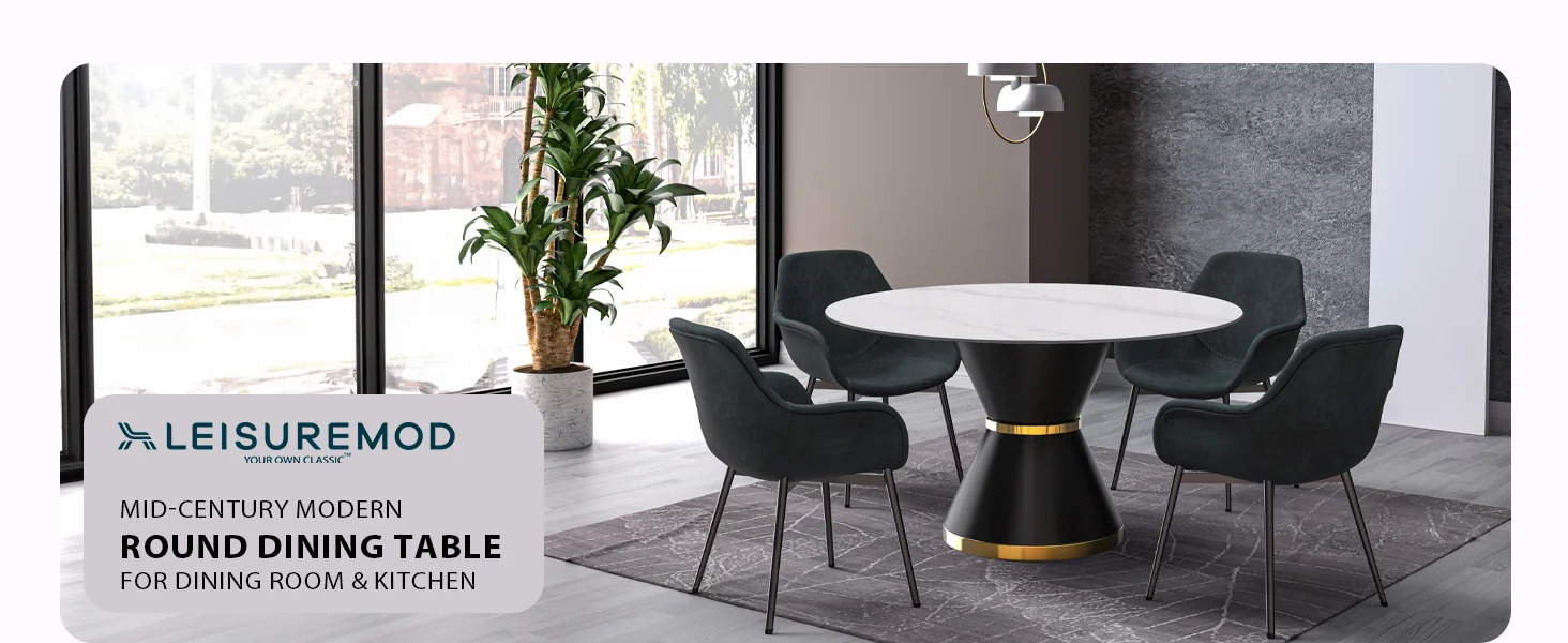 Qorvus Series Round Dining Table Black\Gold Base with 60 Round White Sintered Stone Top