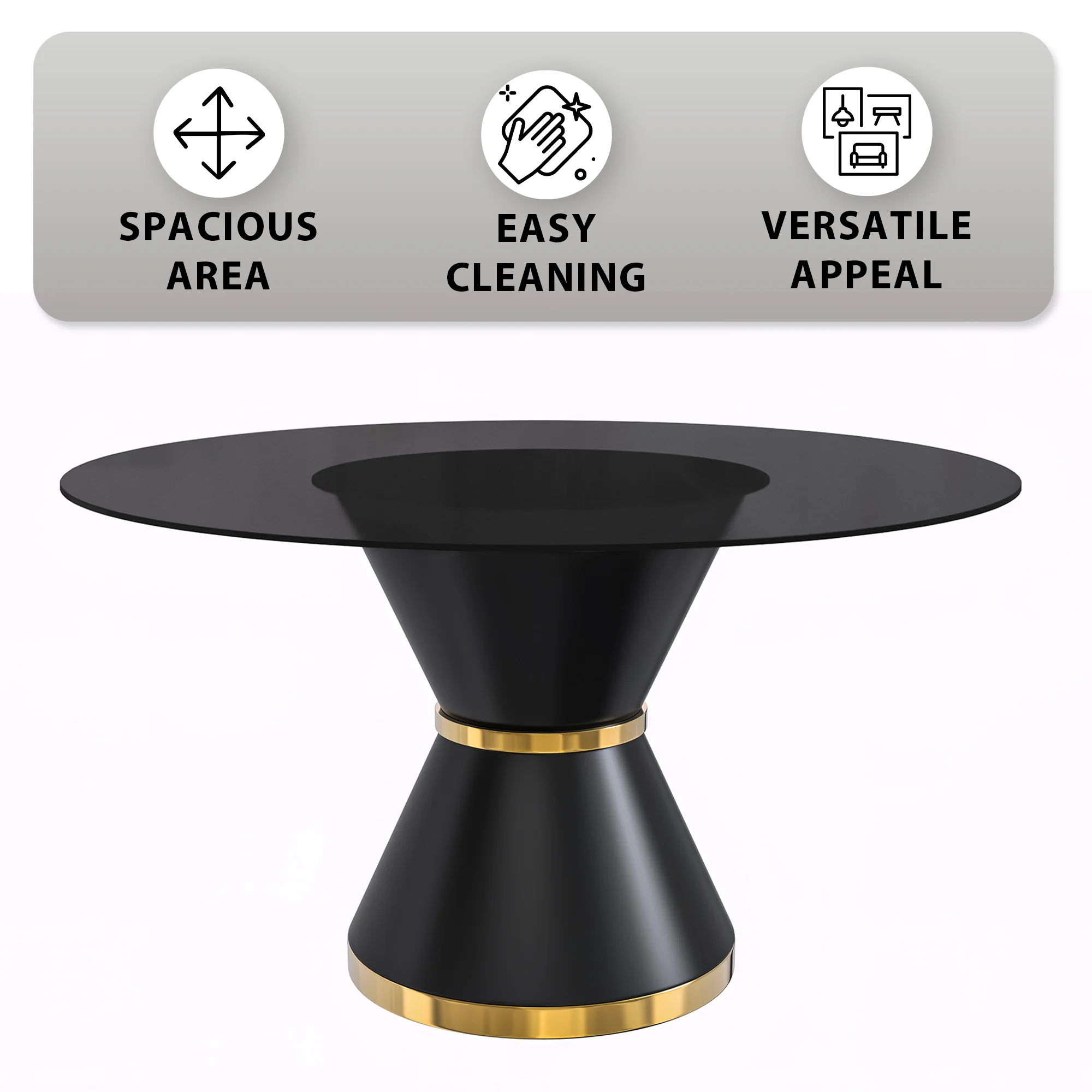 Qorvus Series Round Dining Table Black\Gold Base with 71 Round BLack Glass Top