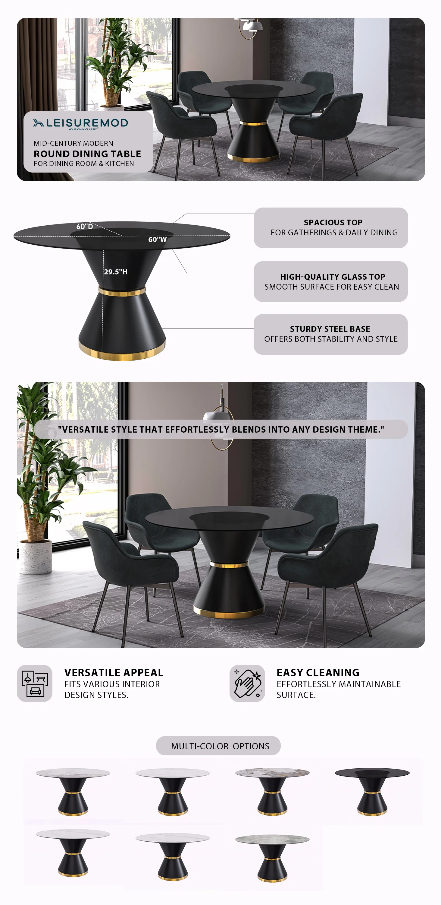 Qorvus Series Round Dining Table Black\Gold Base with 71 Round BLack Glass Top