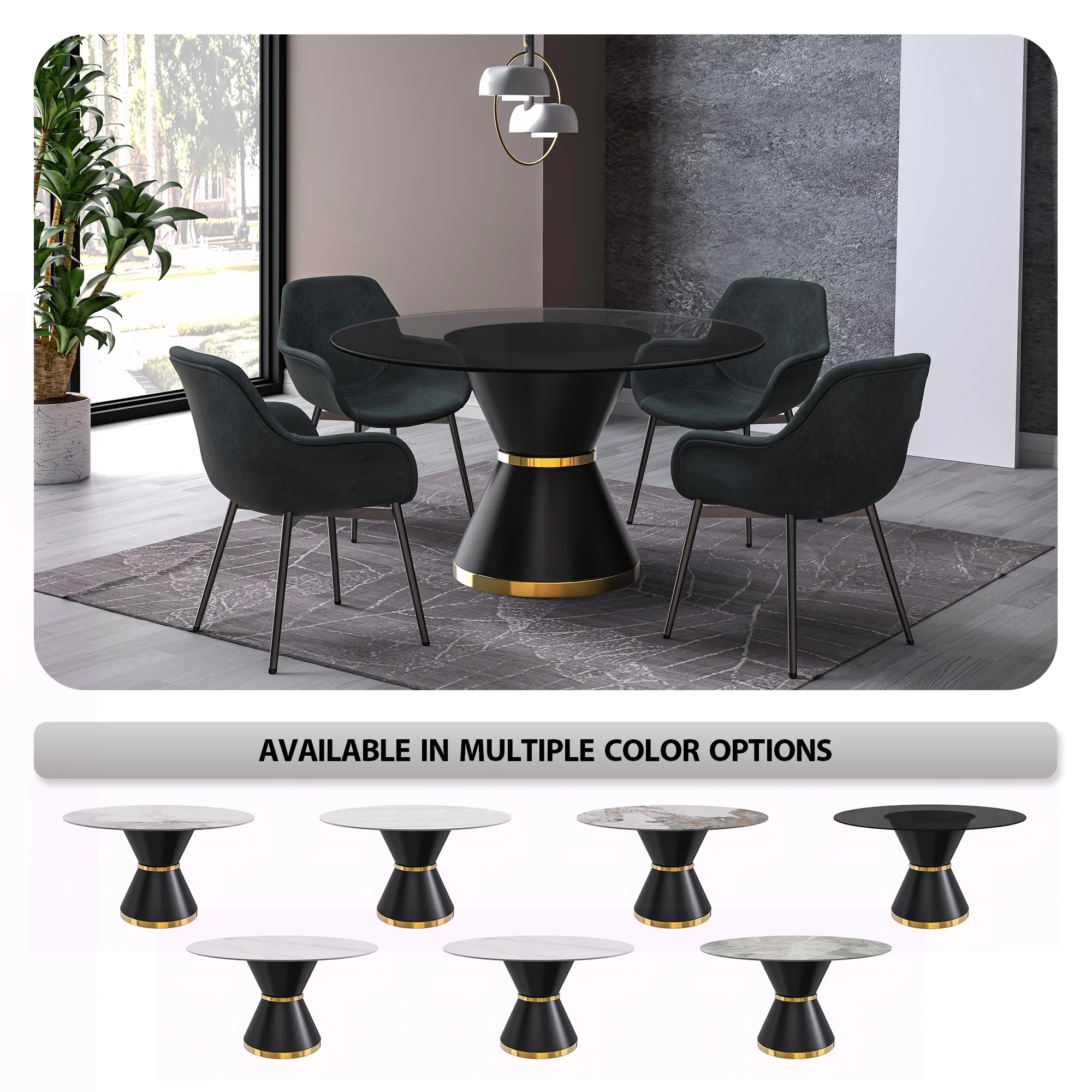 Qorvus Series Round Dining Table Black\Gold Base with 71 Round Clear Glass Top