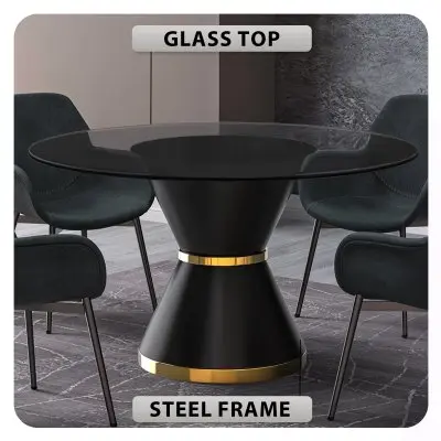 Qorvus Series Round Dining Table Black\Gold Base with 71 Round Clear Glass Top