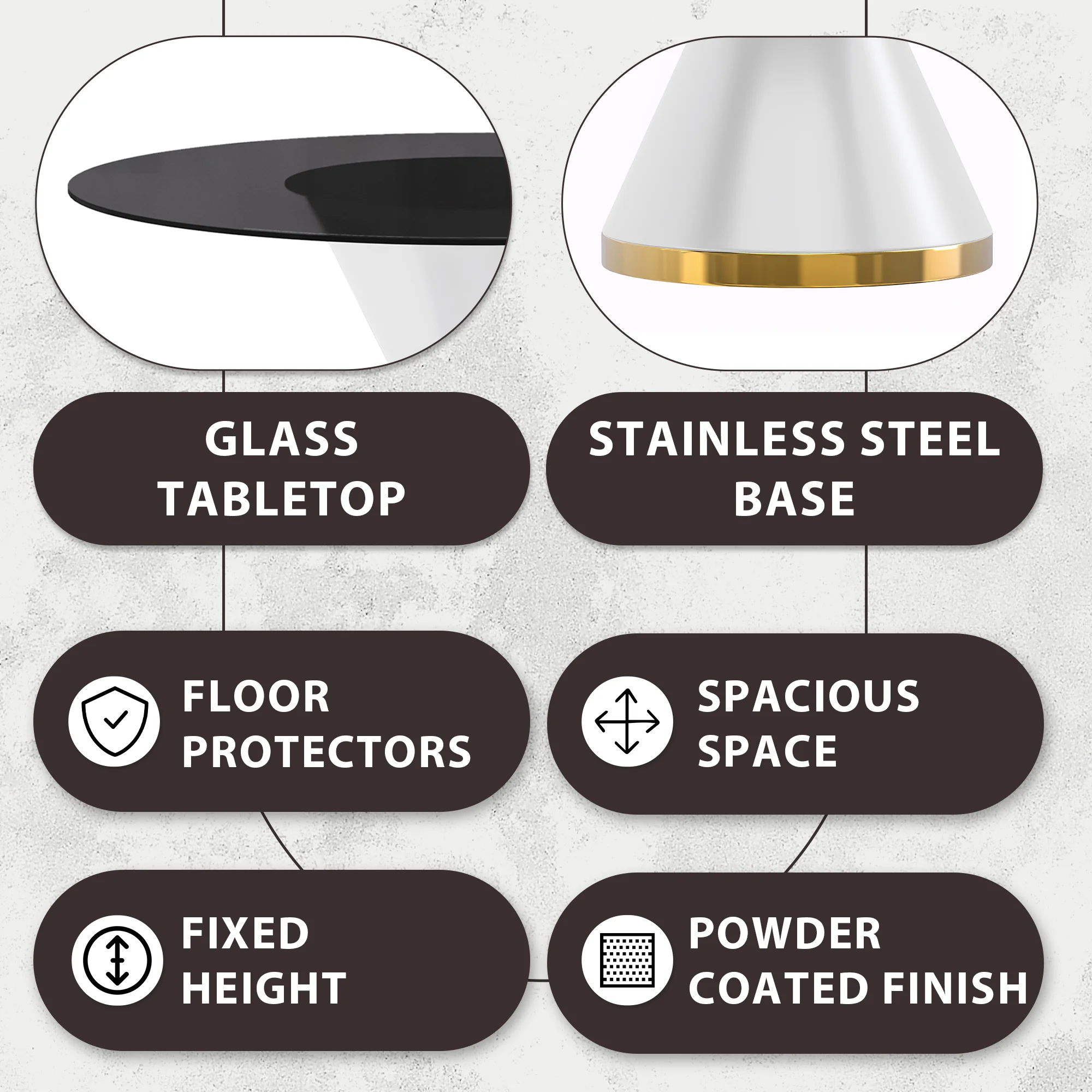 Qorvus Series Round Dining Table White\Gold Base with 60 Round BLack Glass Top