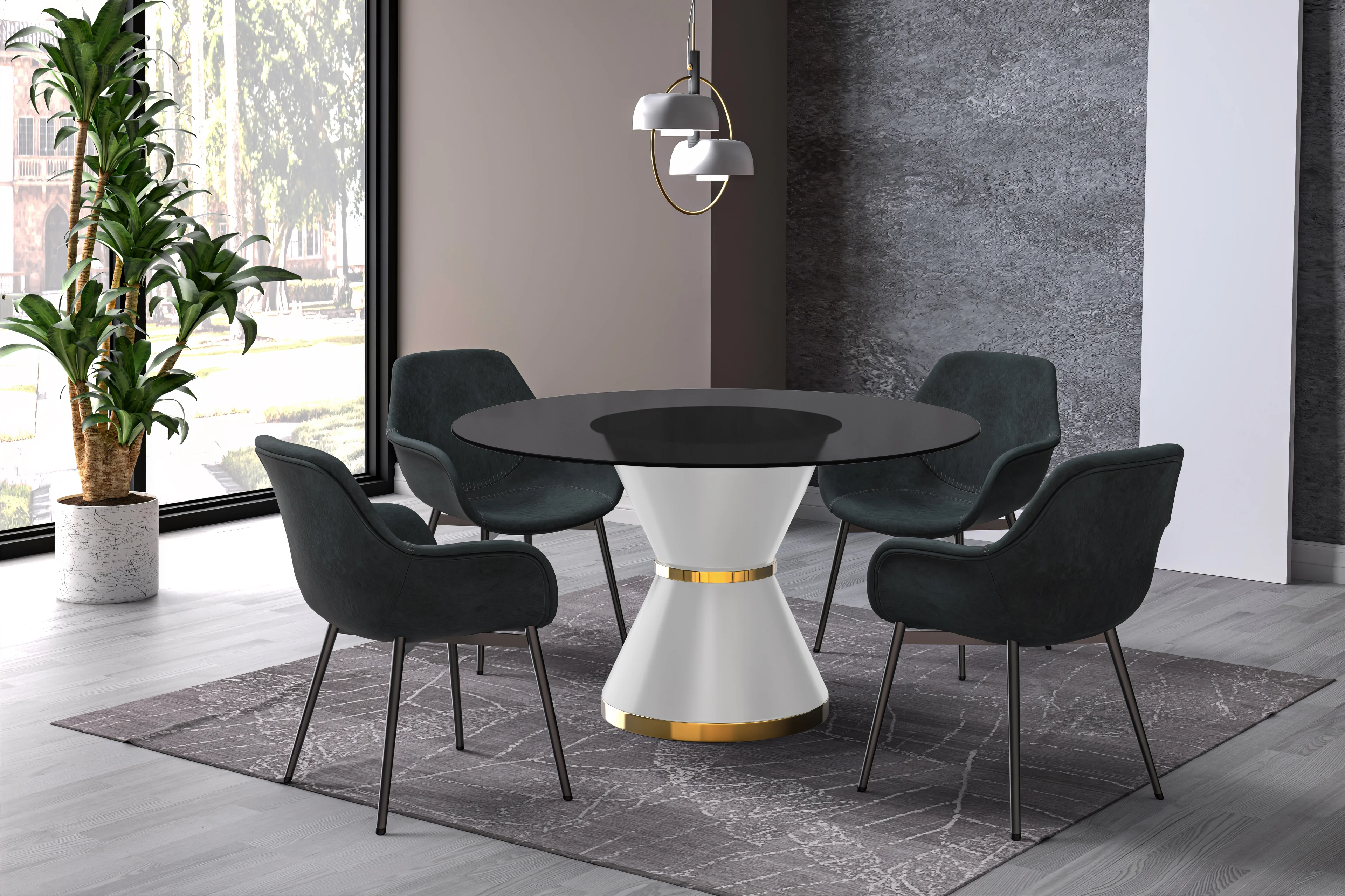 Qorvus Series Round Dining Table White\Gold Base with 60 Round BLack Glass Top