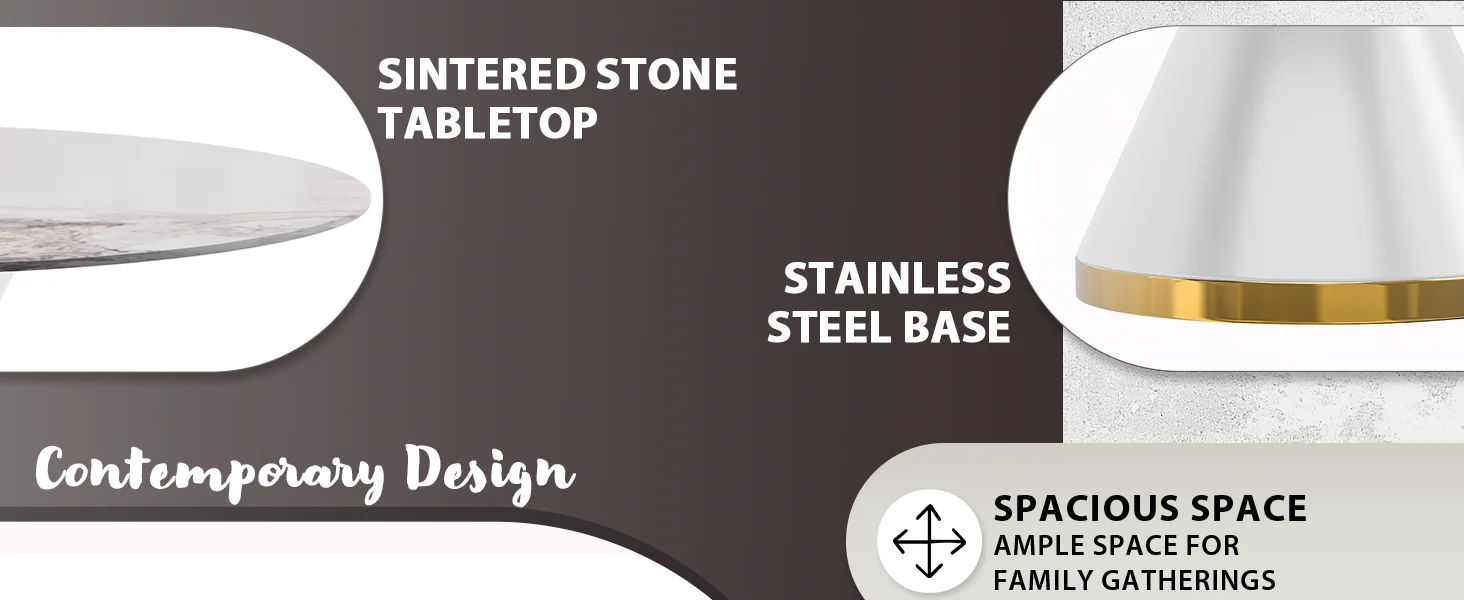 Qorvus Series Round Dining Table White\Gold Base with 60 Round White Grey Sintered Stone Top