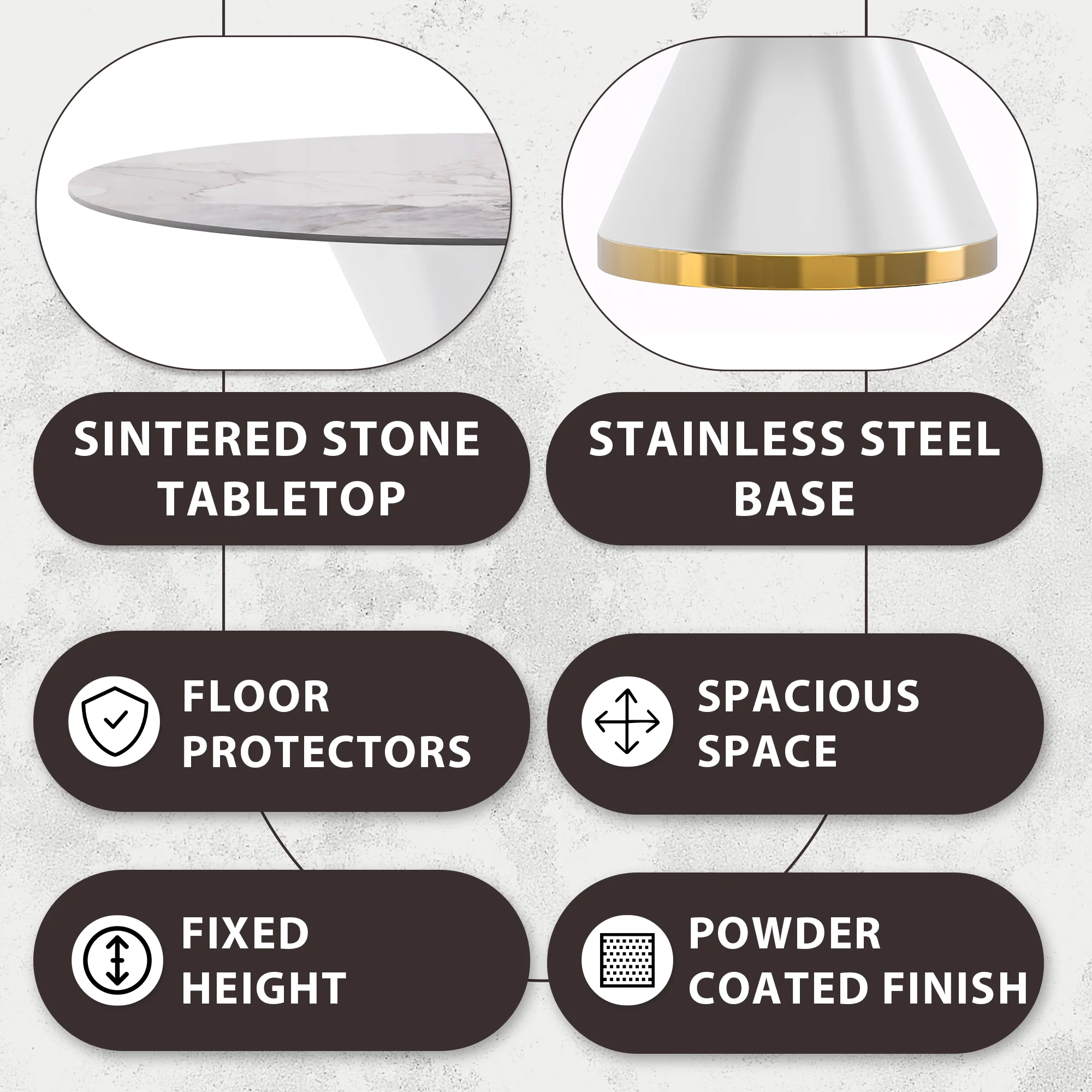 Qorvus Series Round Dining Table White\Gold Base with 60 Round White Grey Sintered Stone Top