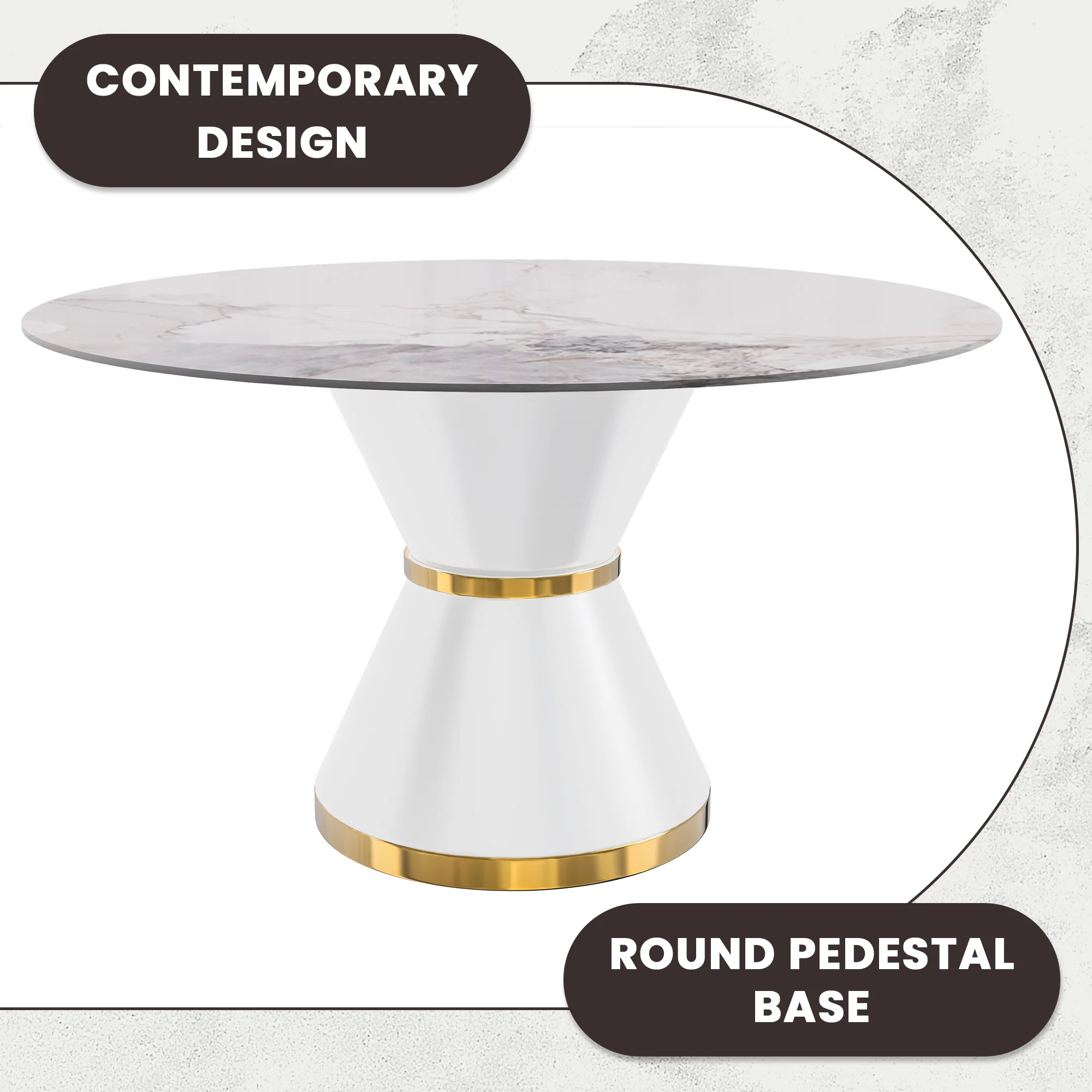 Qorvus Series Round Dining Table White\Gold Base with 60 Round White Grey Sintered Stone Top