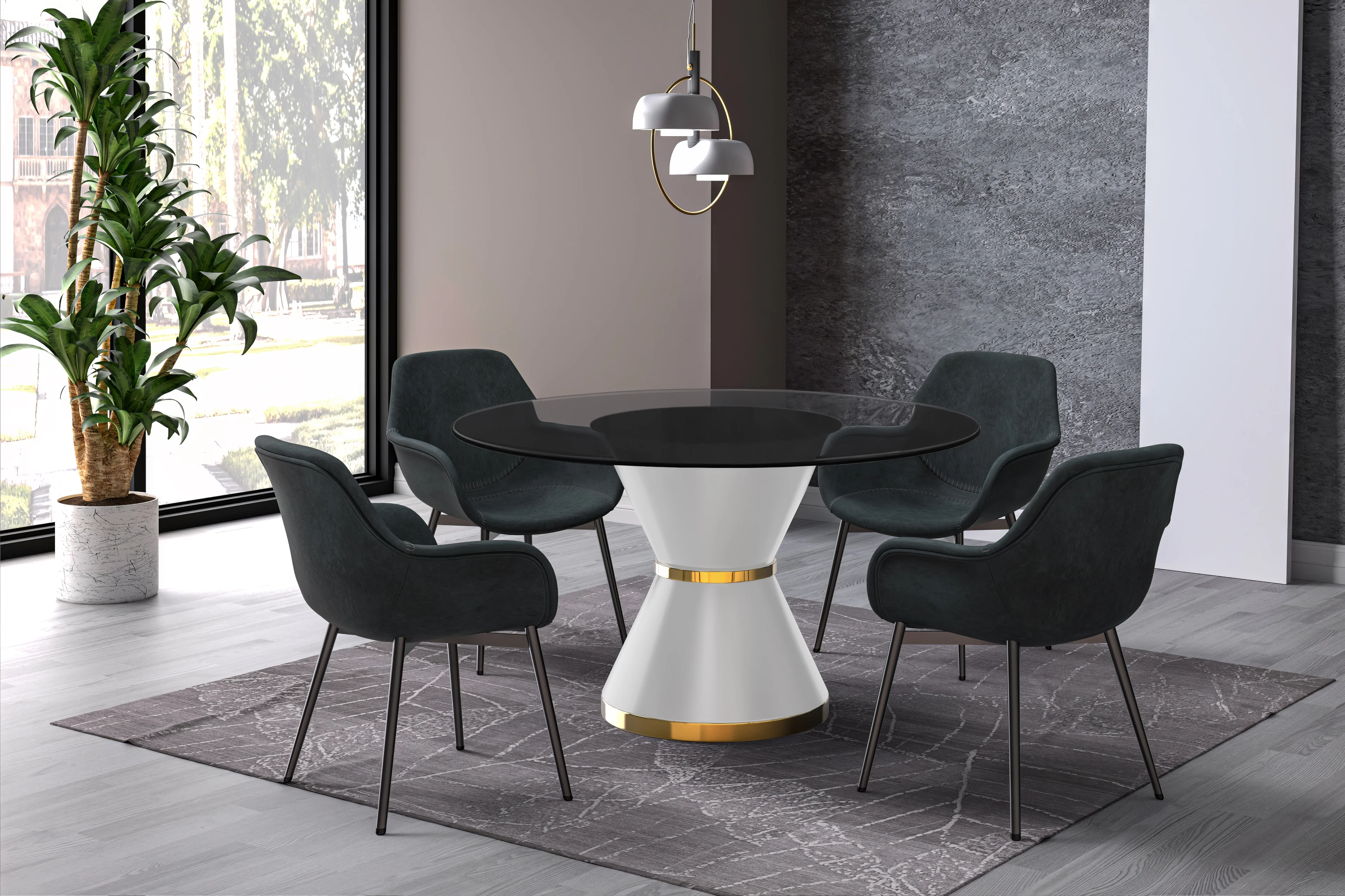 Qorvus Series Round Dining Table White\Gold Base with 60 Round Clear Glass Top