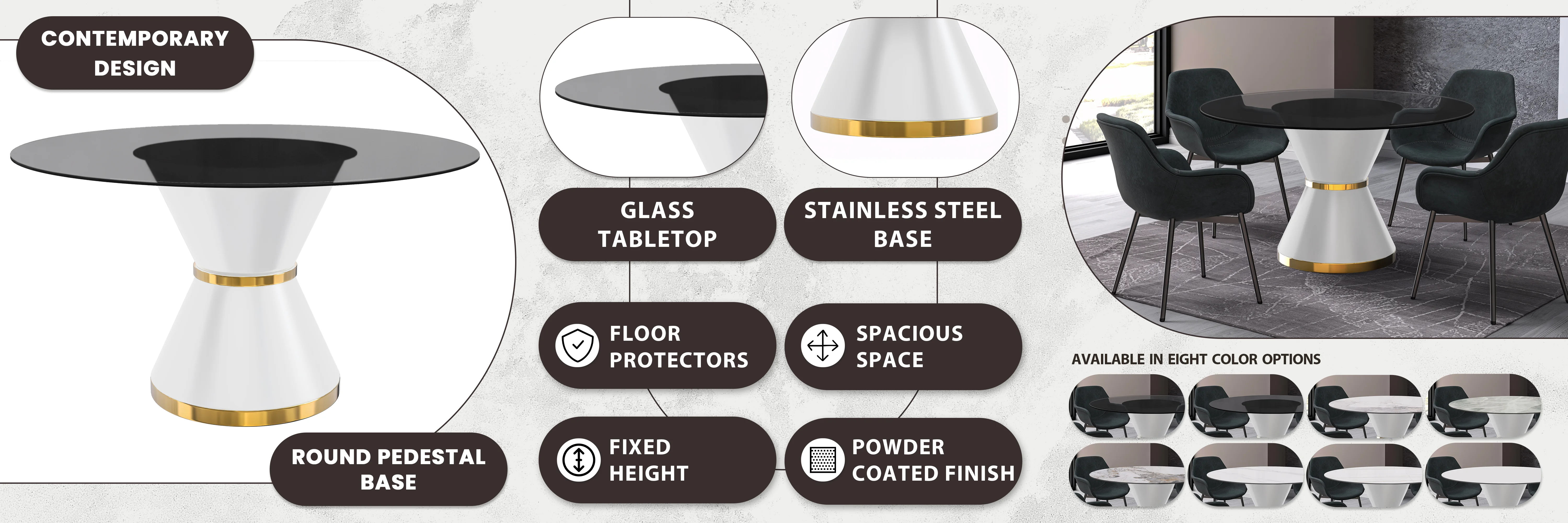 Qorvus Series Round Dining Table White\Gold Base with 60 Round Clear Glass Top