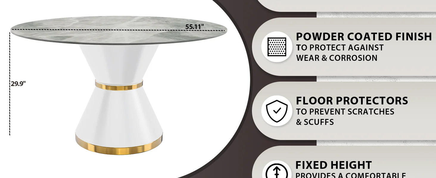 Qorvus Series Round Dining Table White\Gold Base with 60 Round Light Grey Sintered Stone Top