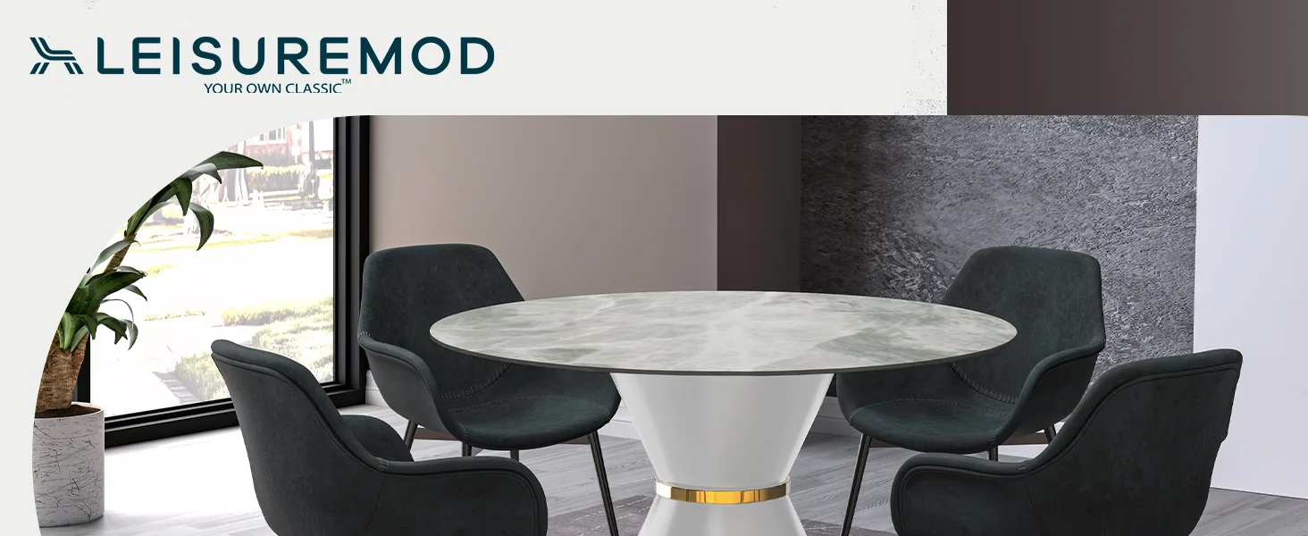 Qorvus Series Round Dining Table White\Gold Base with 60 Round Light Grey Sintered Stone Top