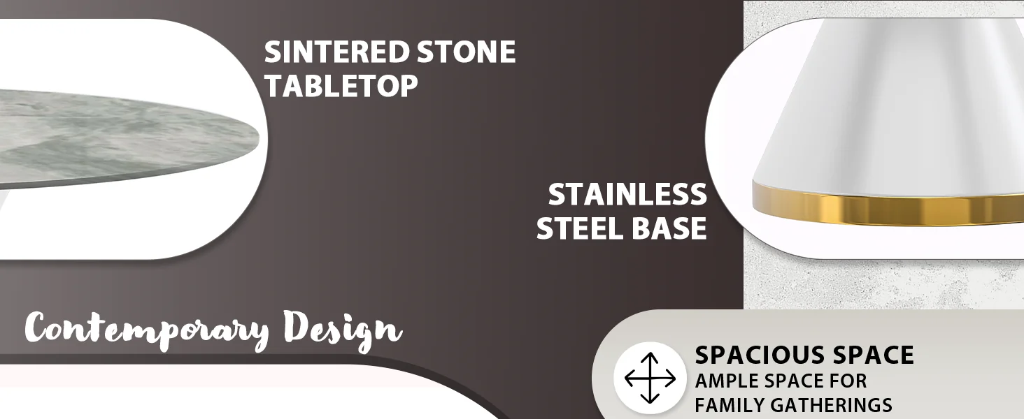 Qorvus Series Round Dining Table White\Gold Base with 60 Round Light Grey Sintered Stone Top