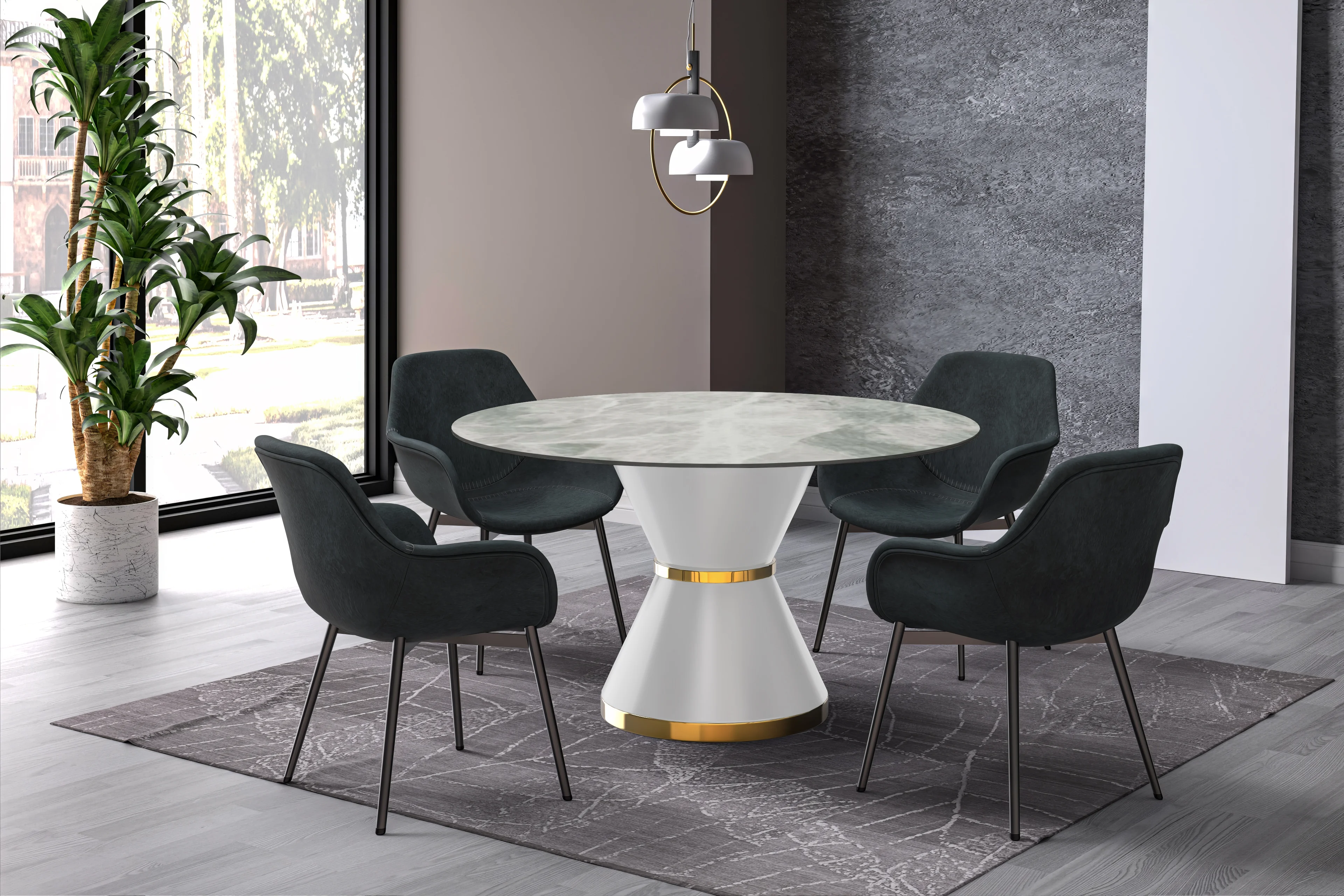 Qorvus Series Round Dining Table White\Gold Base with 60 Round Light Grey Sintered Stone Top
