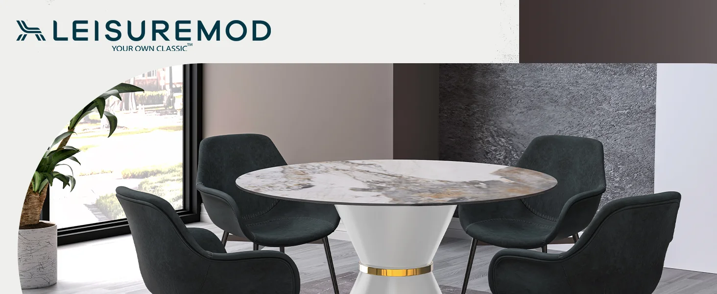 Qorvus Series Round Dining Table White\Gold Base with 60 Round Medium Grey Sintered Stone Top