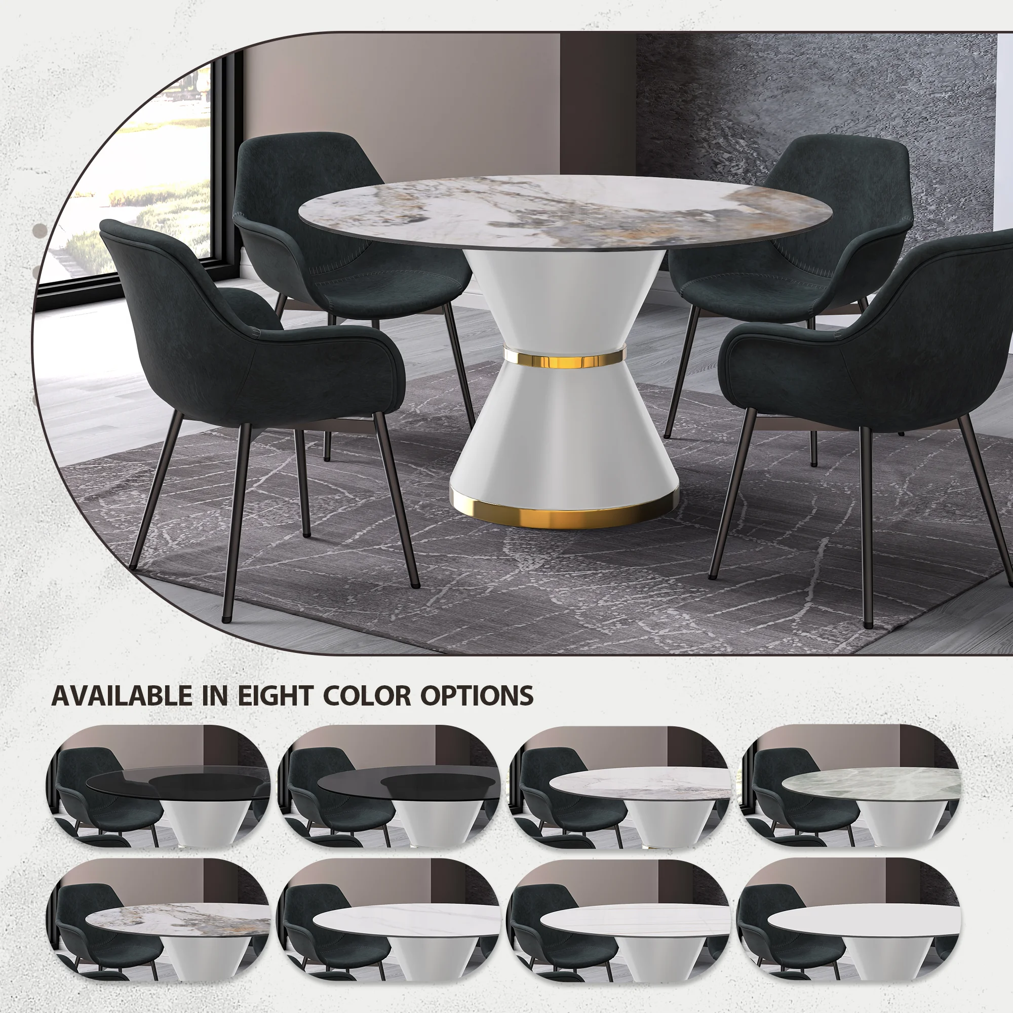 Qorvus Series Round Dining Table White\Gold Base with 60 Round Medium Grey Sintered Stone Top