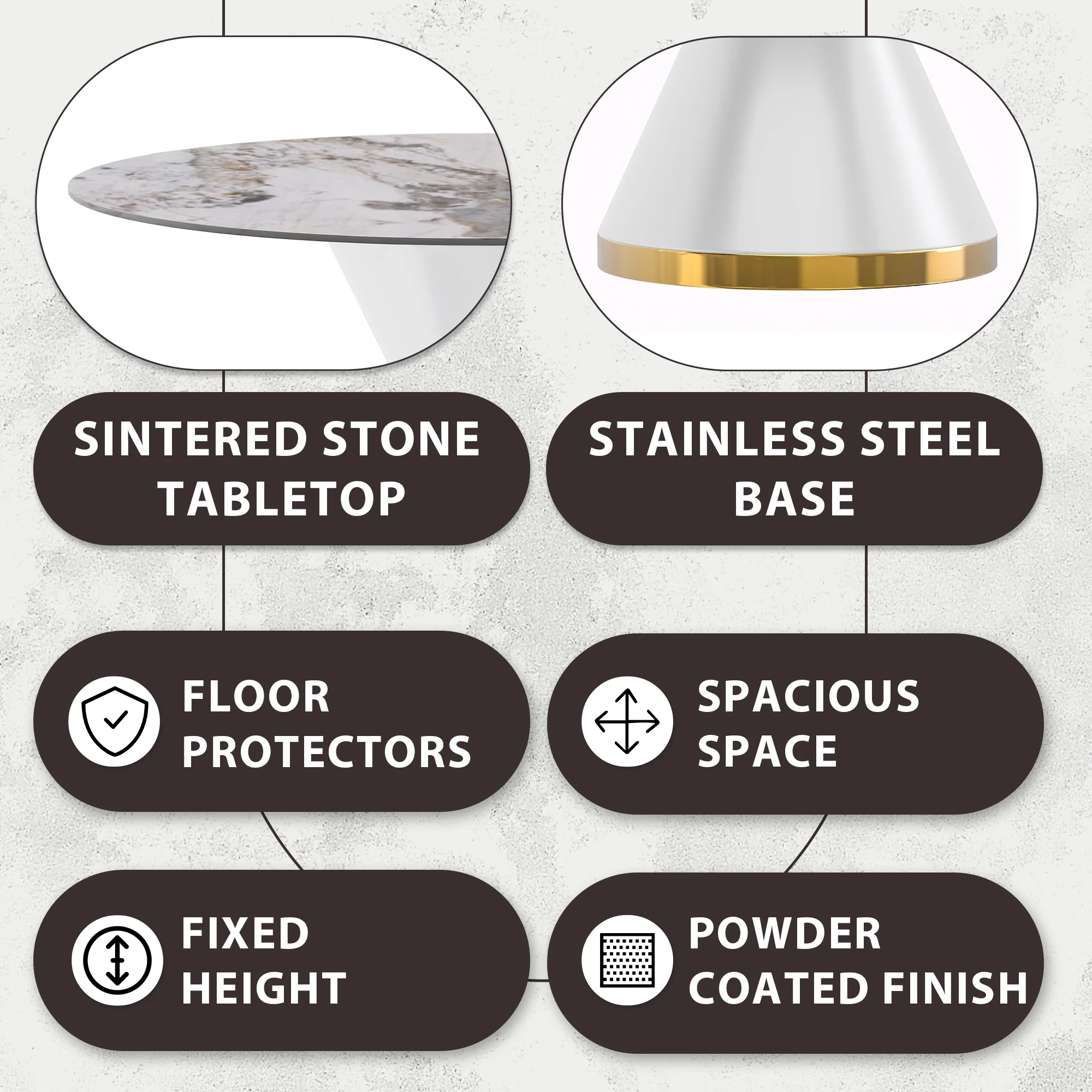 Qorvus Series Round Dining Table White\Gold Base with 60 Round Medium Grey Sintered Stone Top