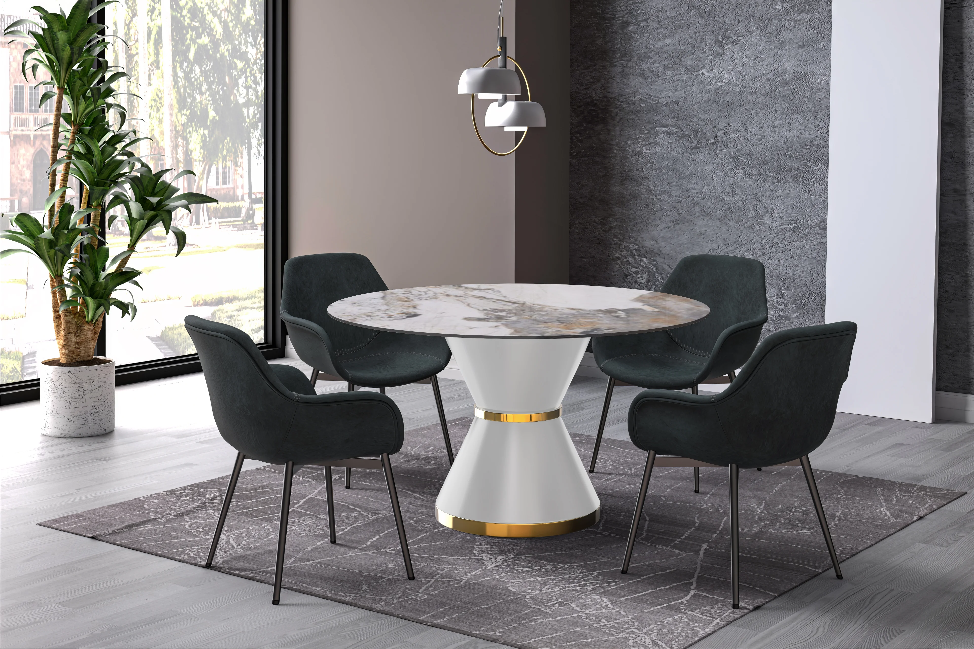 Qorvus Series Round Dining Table White\Gold Base with 60 Round Medium Grey Sintered Stone Top