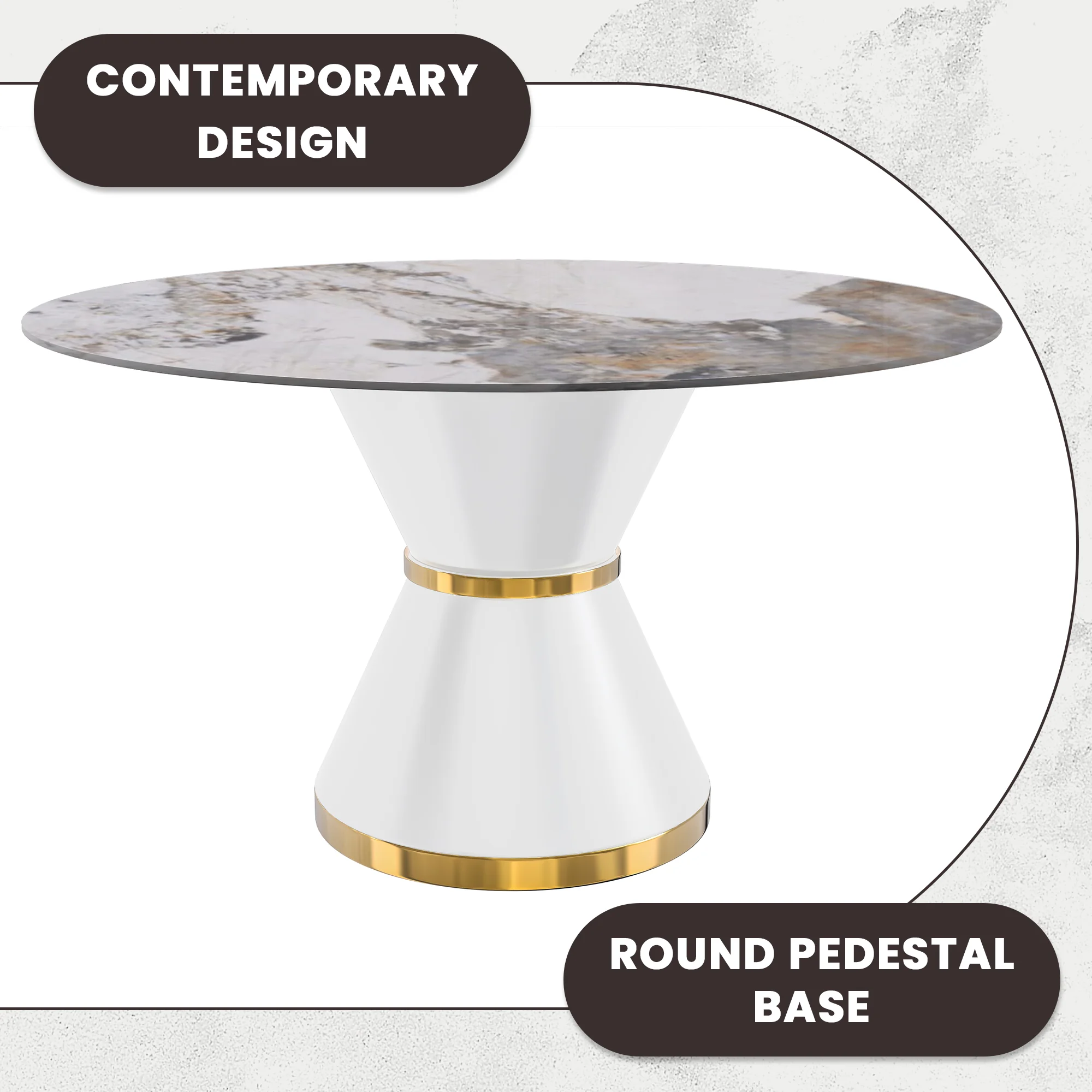 Qorvus Series Round Dining Table White\Gold Base with 60 Round Medium Grey Sintered Stone Top