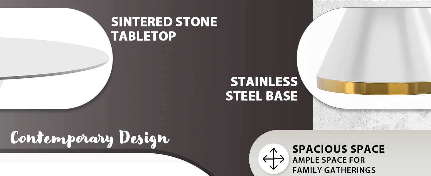 Qorvus Series Round Dining Table White\Gold Base with 60 Round Solid White Sintered Stone Top