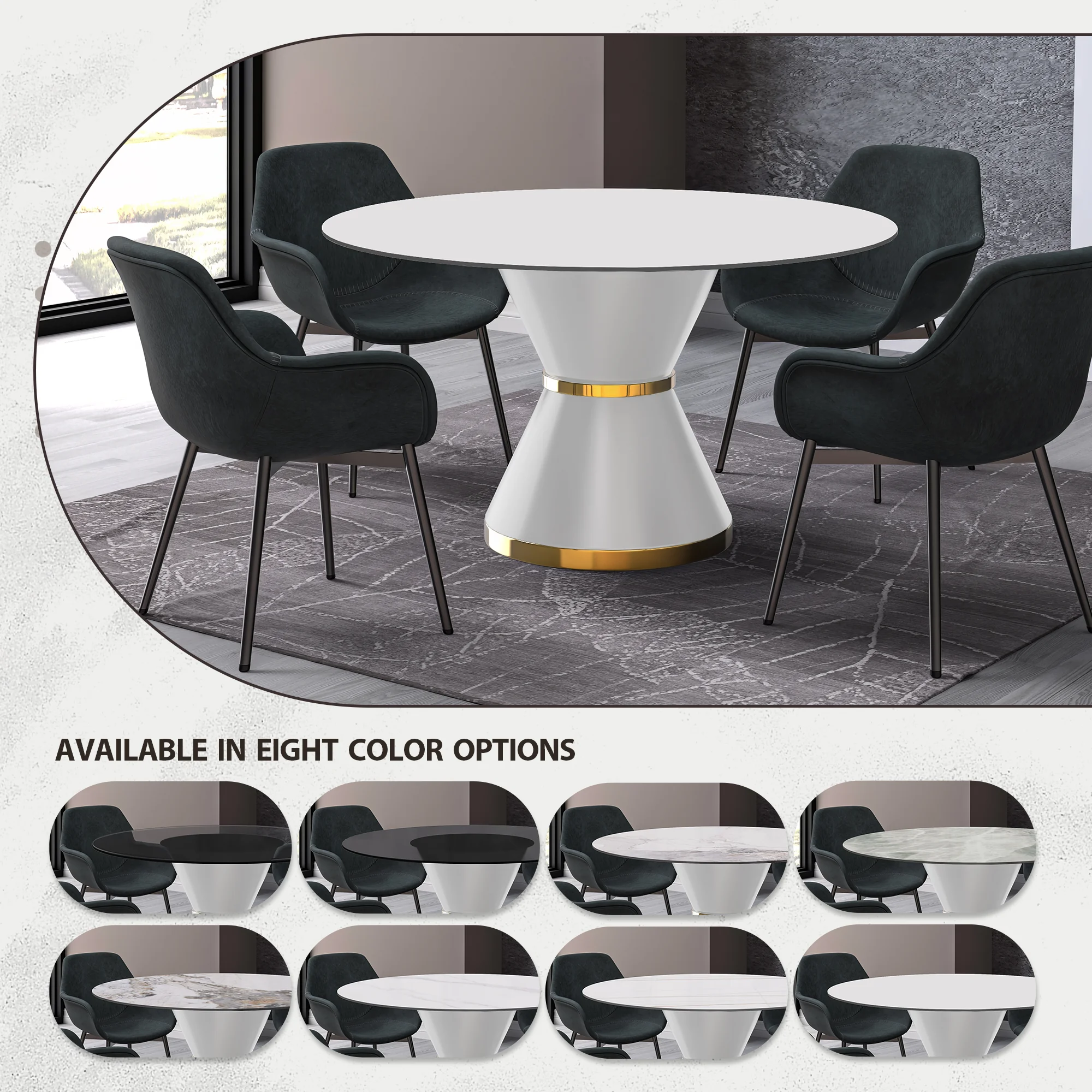Qorvus Series Round Dining Table White\Gold Base with 60 Round Solid White Sintered Stone Top