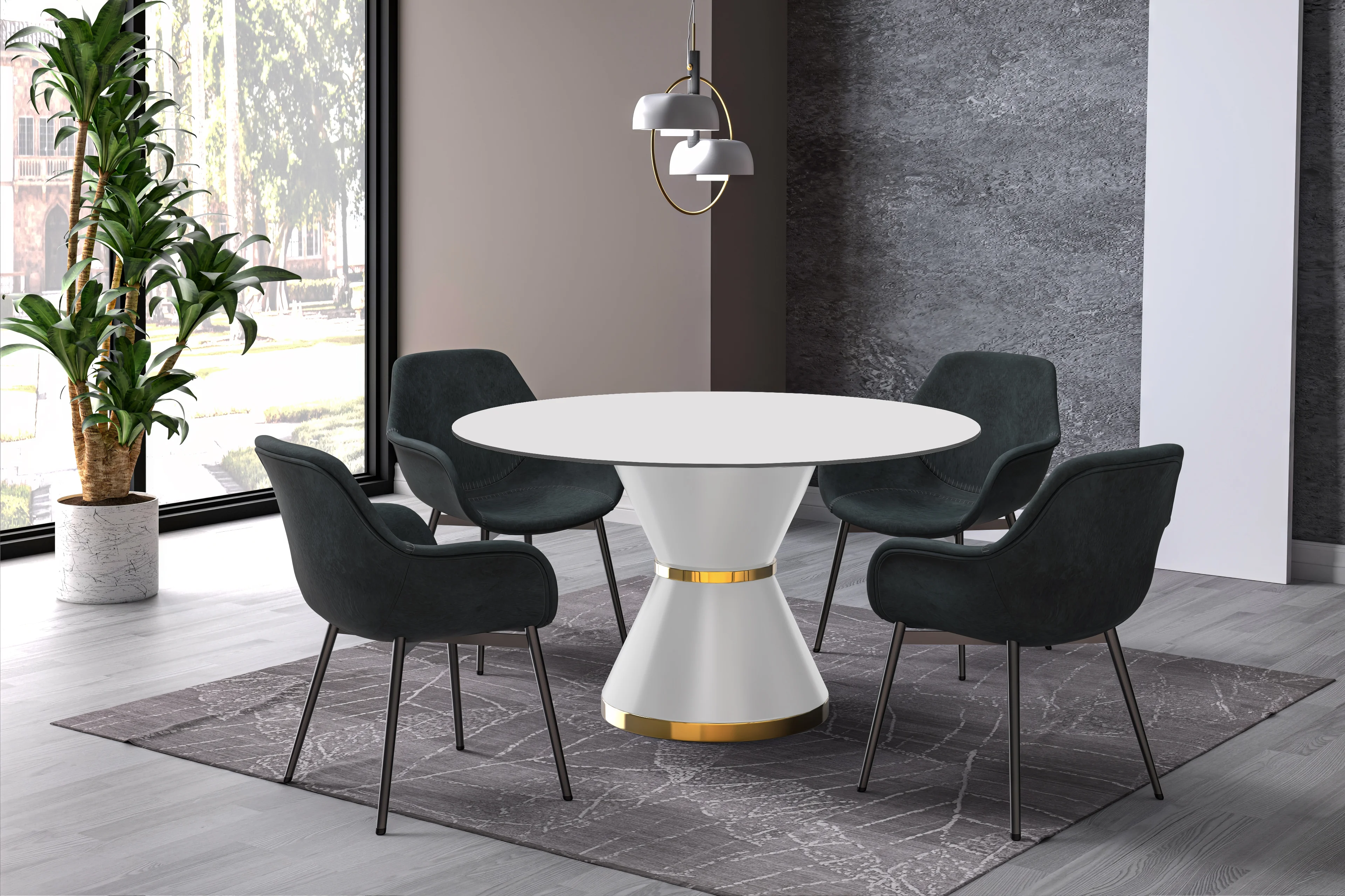 Qorvus Series Round Dining Table White\Gold Base with 60 Round Solid White Sintered Stone Top