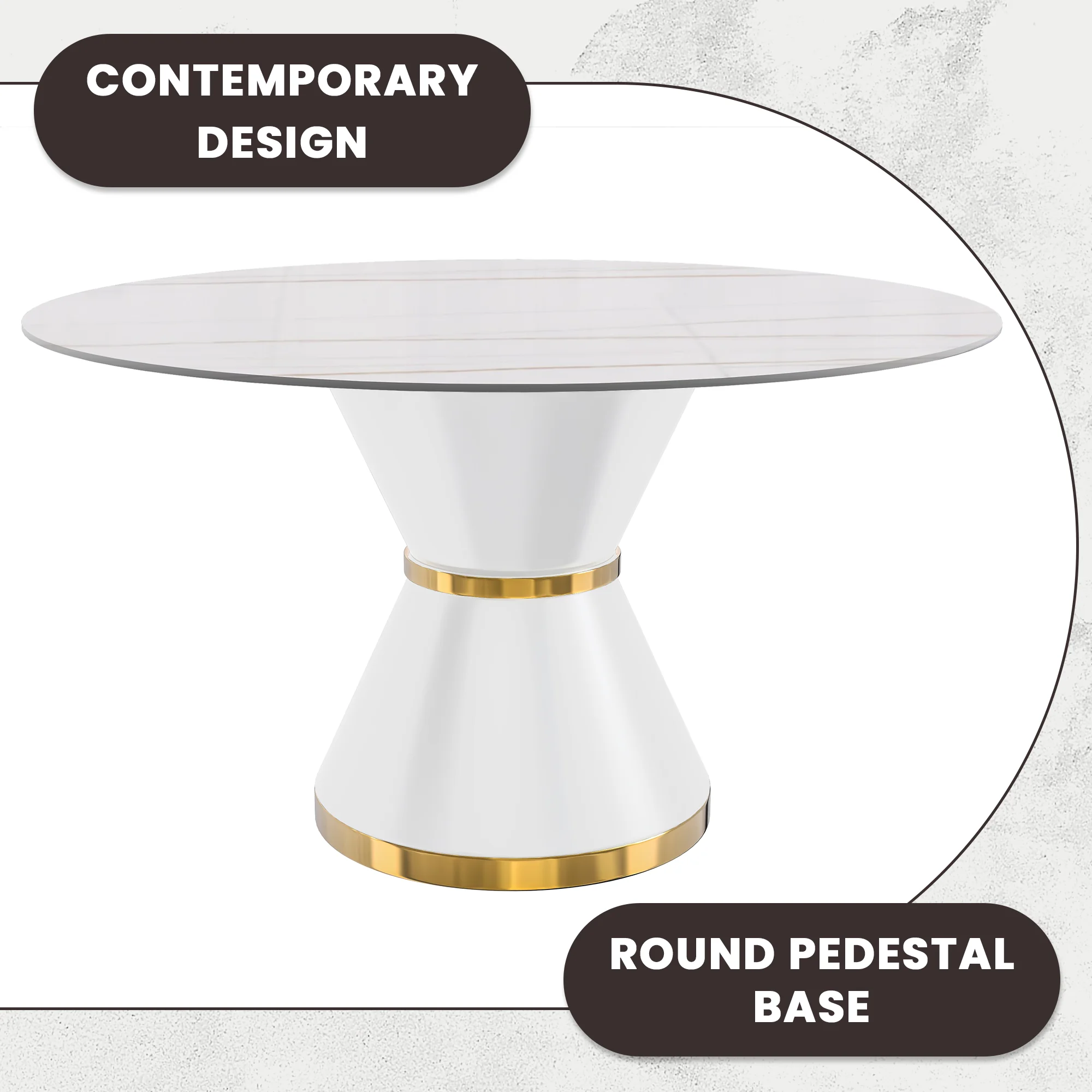 Qorvus Series Round Dining Table White\Gold Base with 60 Round White/Gold Sintered Stone Top