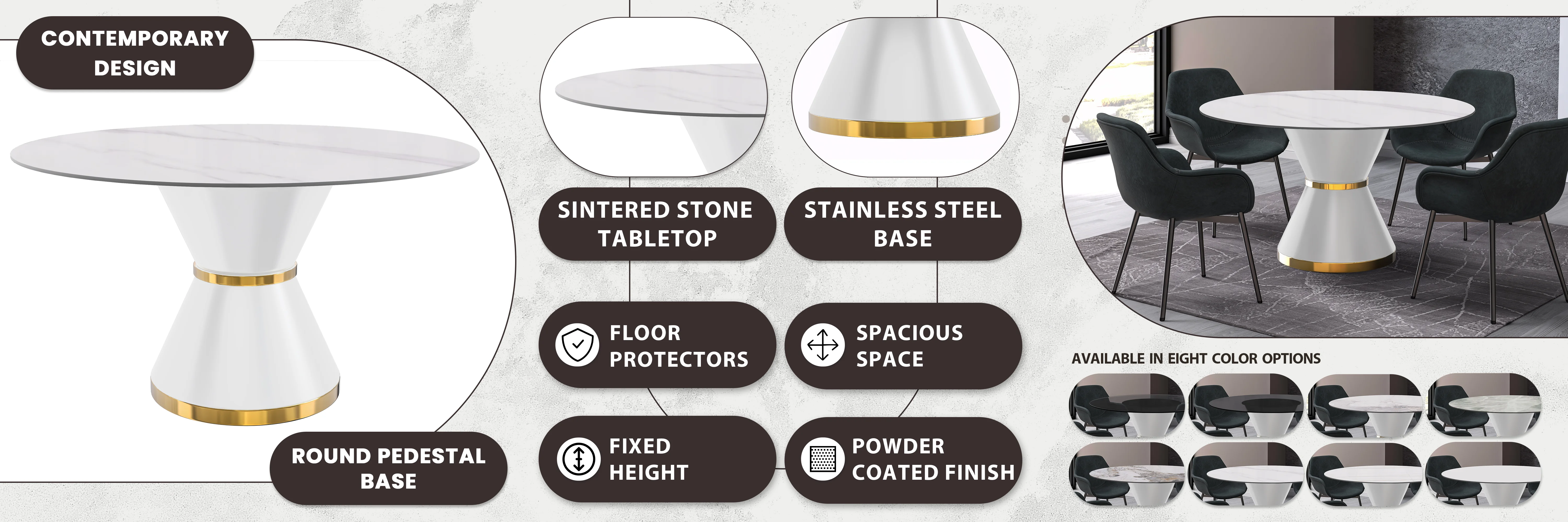 Qorvus Series Round Dining Table White\Gold Base with 60 Round White Sintered Stone Top