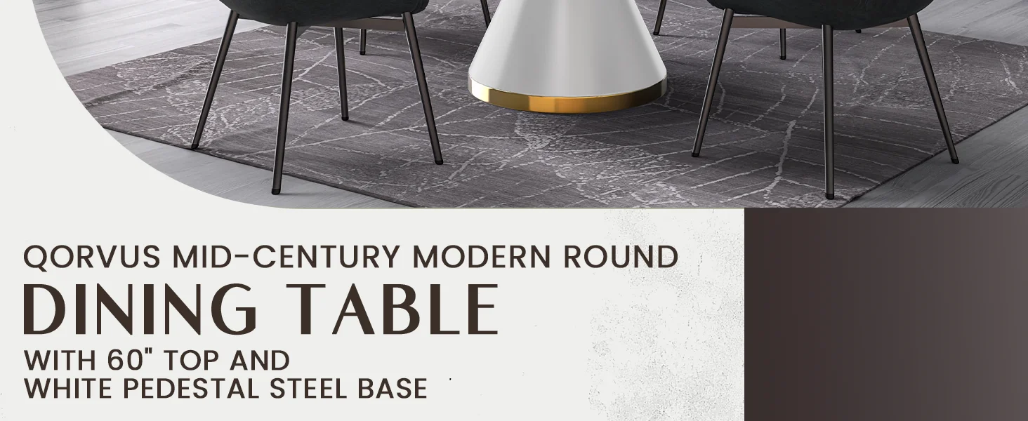 Qorvus Series Round Dining Table White\Gold Base with 60 Round White Sintered Stone Top