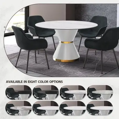 Qorvus Series Round Dining Table White\Gold Base with 60 Round White Sintered Stone Top