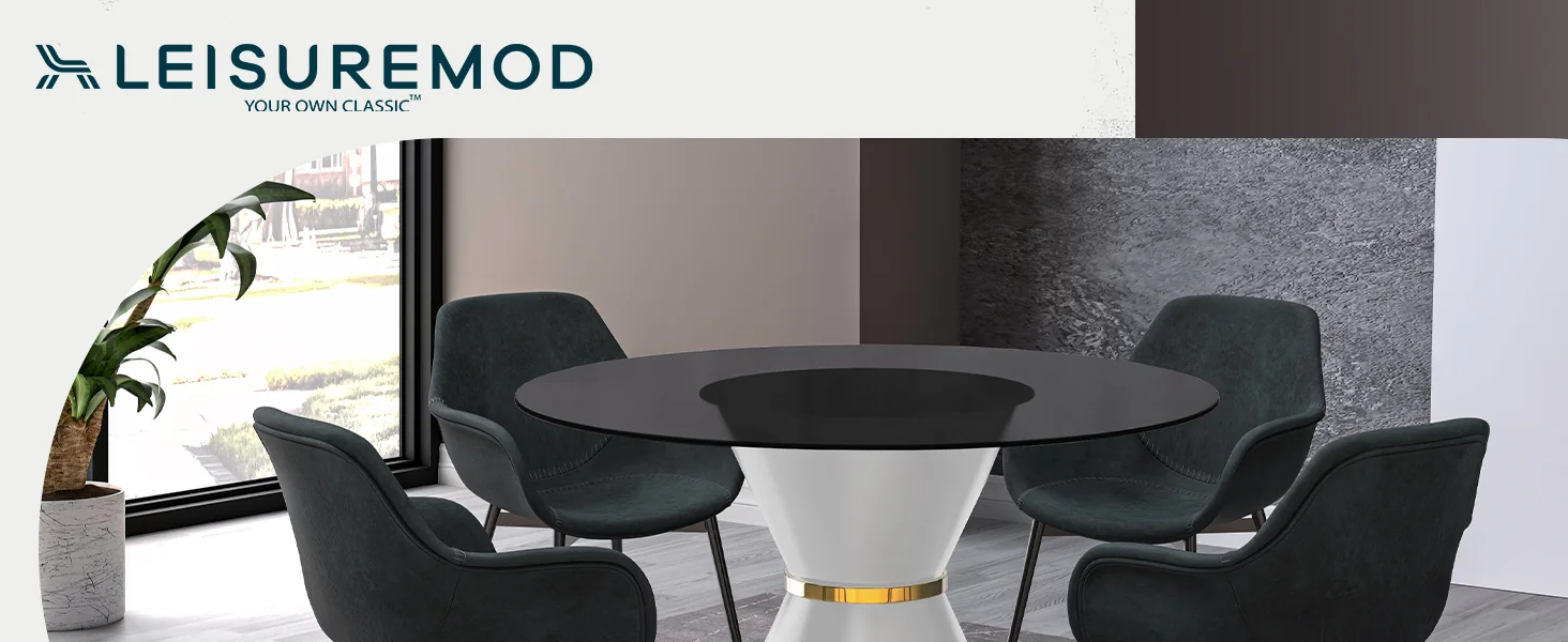 Qorvus Series Round Dining Table White\Gold Base with 71 Round BLack Glass Top