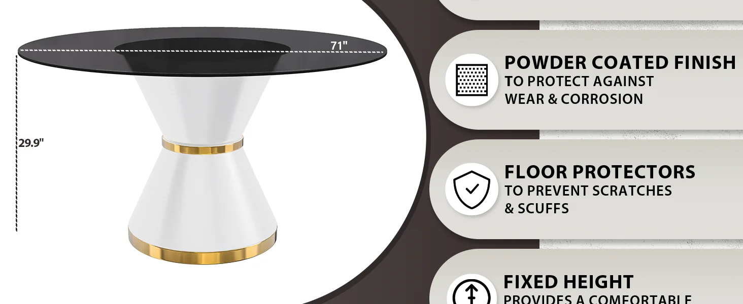Qorvus Series Round Dining Table White\Gold Base with 71 Round BLack Glass Top