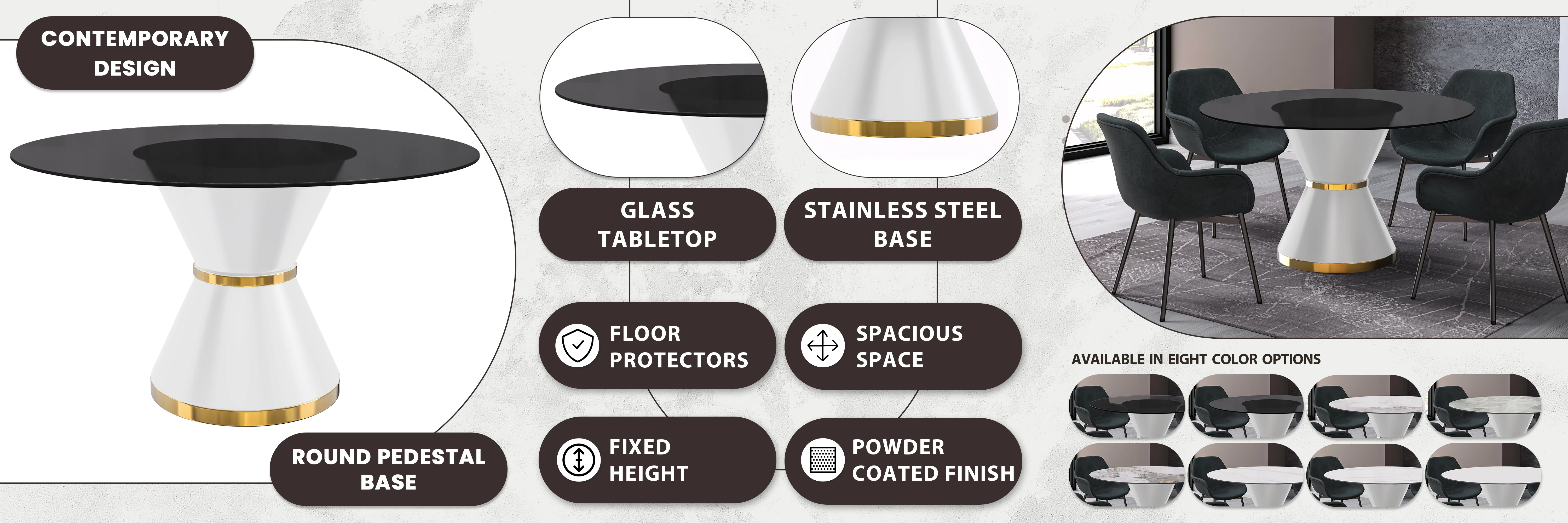 Qorvus Series Round Dining Table White\Gold Base with 71 Round BLack Glass Top