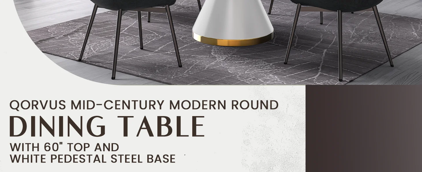 Qorvus Series Round Dining Table White\Gold Base with 71 Round BLack Glass Top