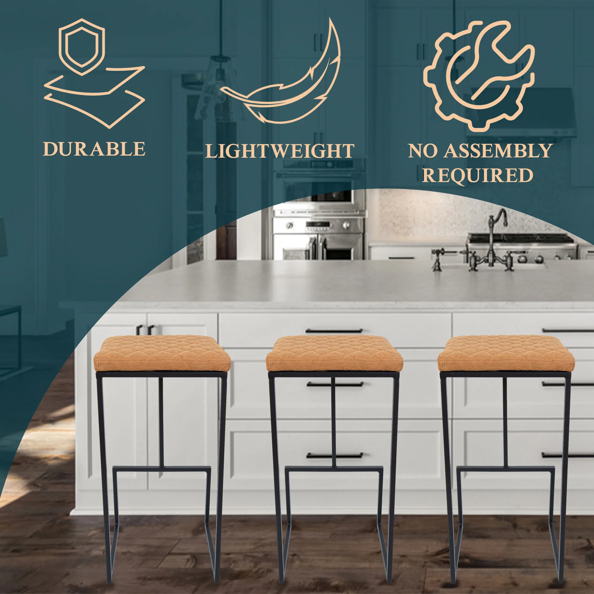 Quincy Quilted Stitched Leather Bar Stools With Metal Frame