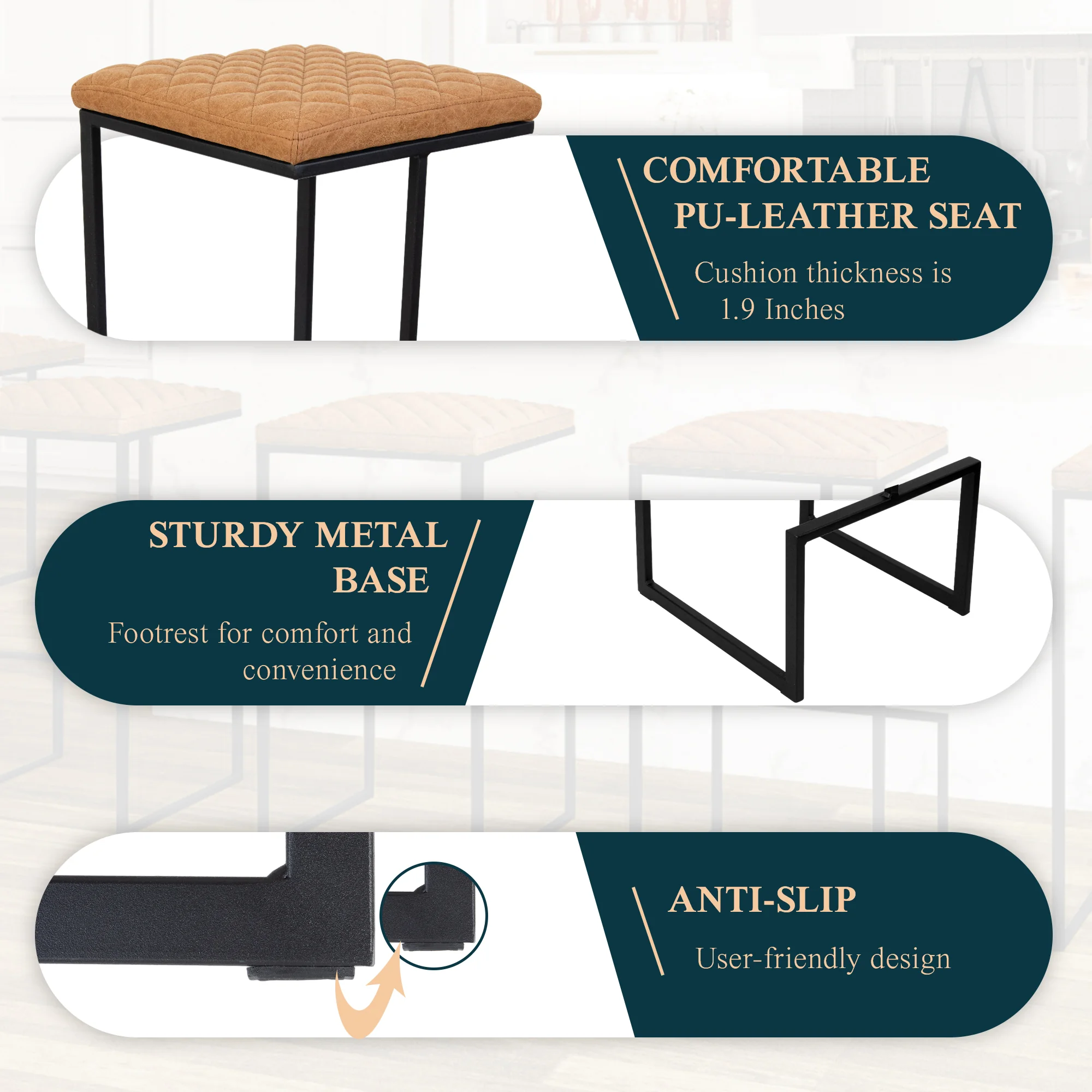 Quincy Leather Bar Stools With Metal Frame Set of 2