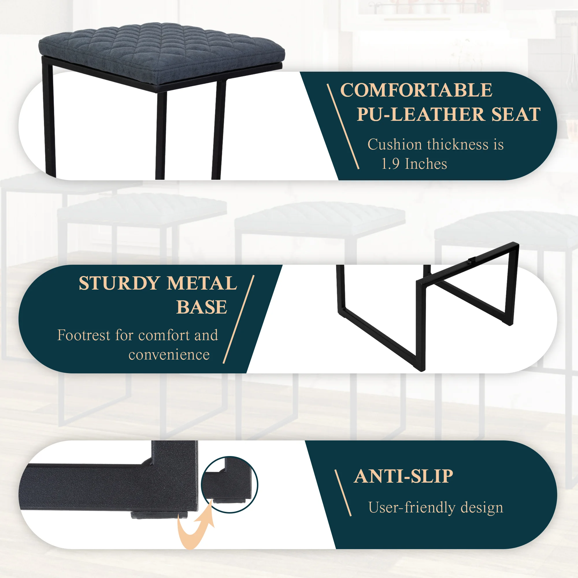 Quincy Quilted Stitched Leather Bar Stools With Metal Frame