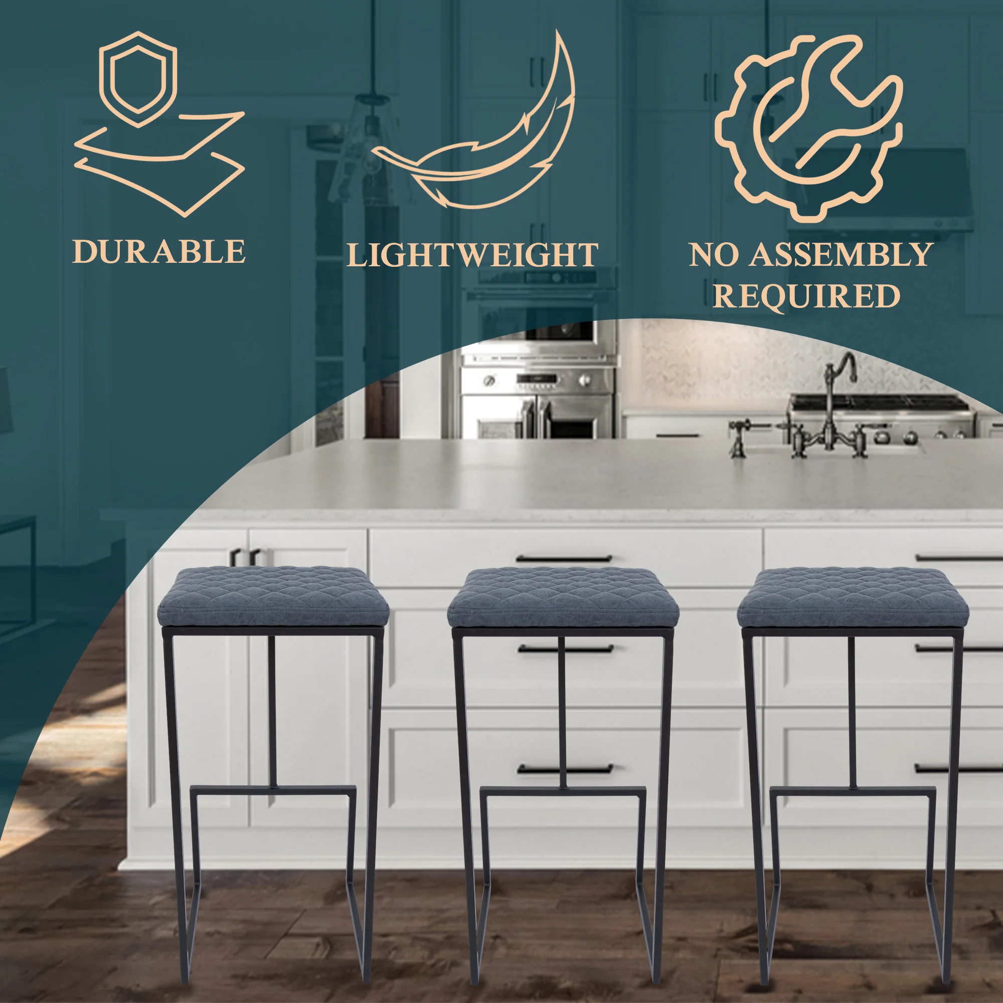 Quincy Quilted Stitched Leather Bar Stools With Metal Frame