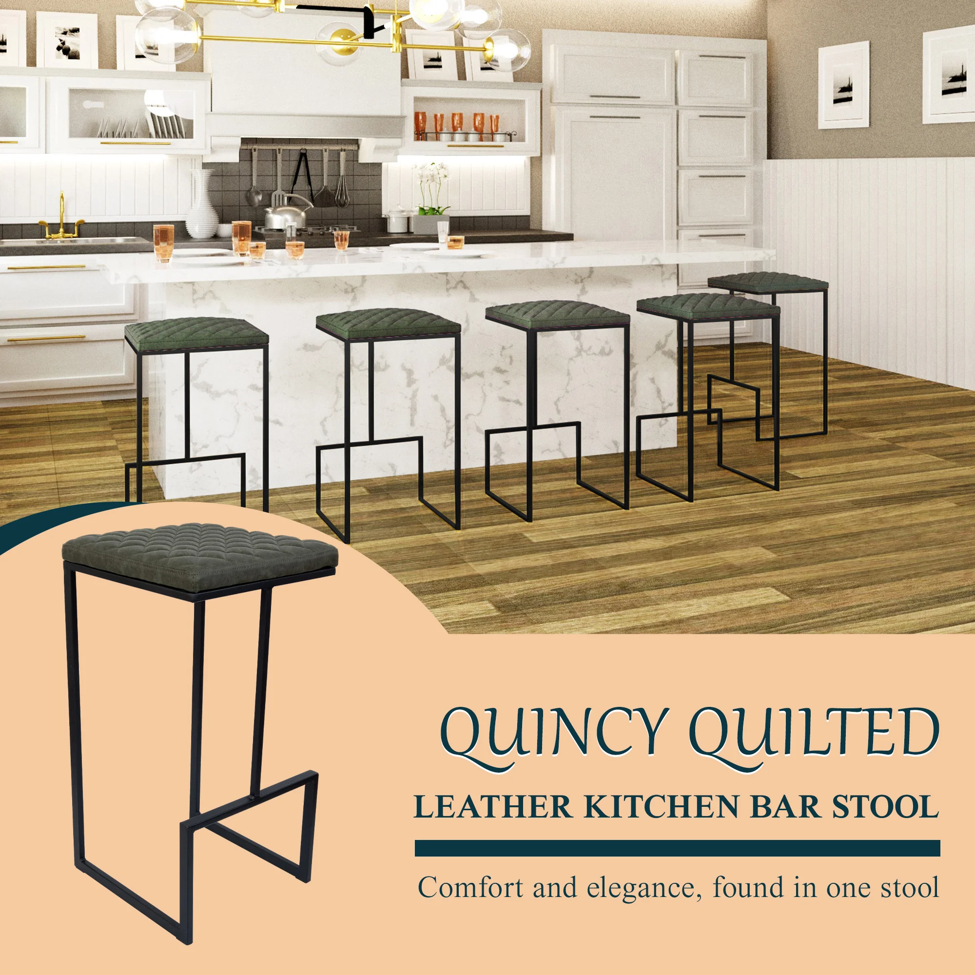 Quincy Quilted Stitched Leather Bar Stools With Metal Frame